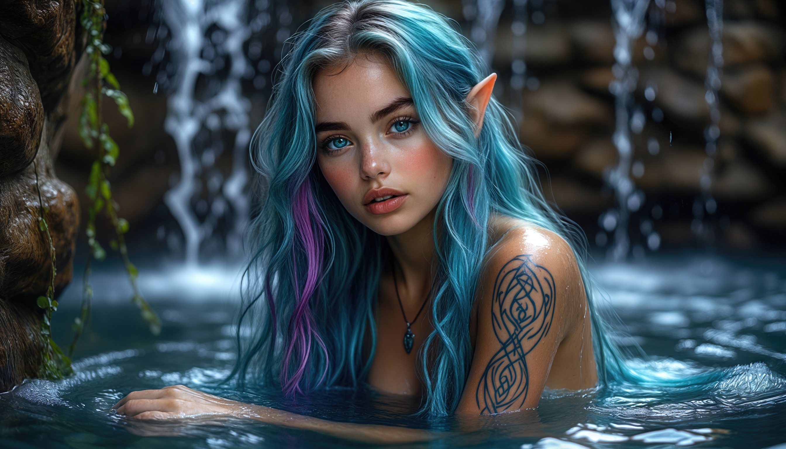 An elf with blue hair and a tattoo on her shoulder, floating in the water under a waterfall.