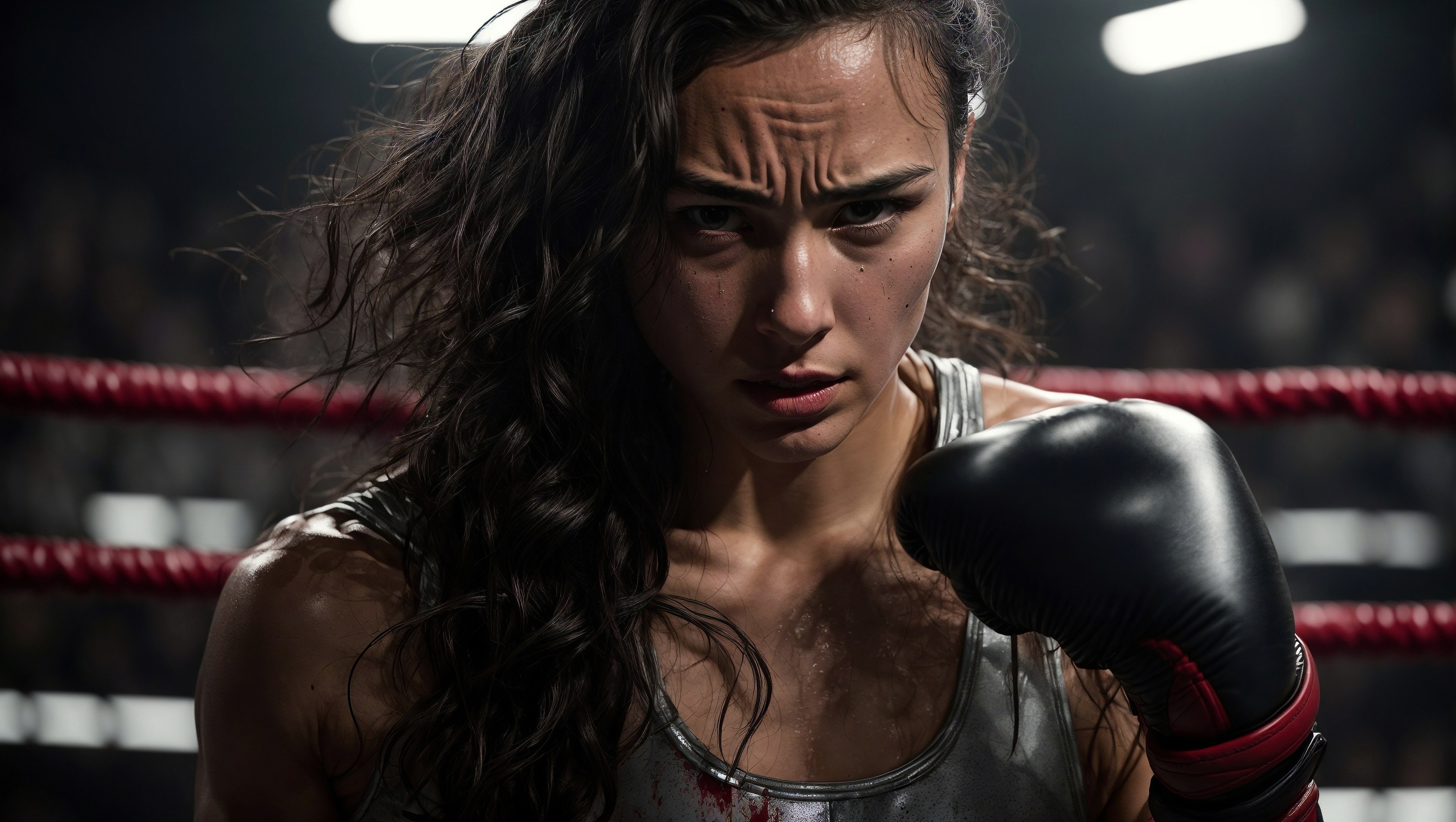 Free photo A woman with dark hair wearing boxing gloves and carrying a black bag in her hands.