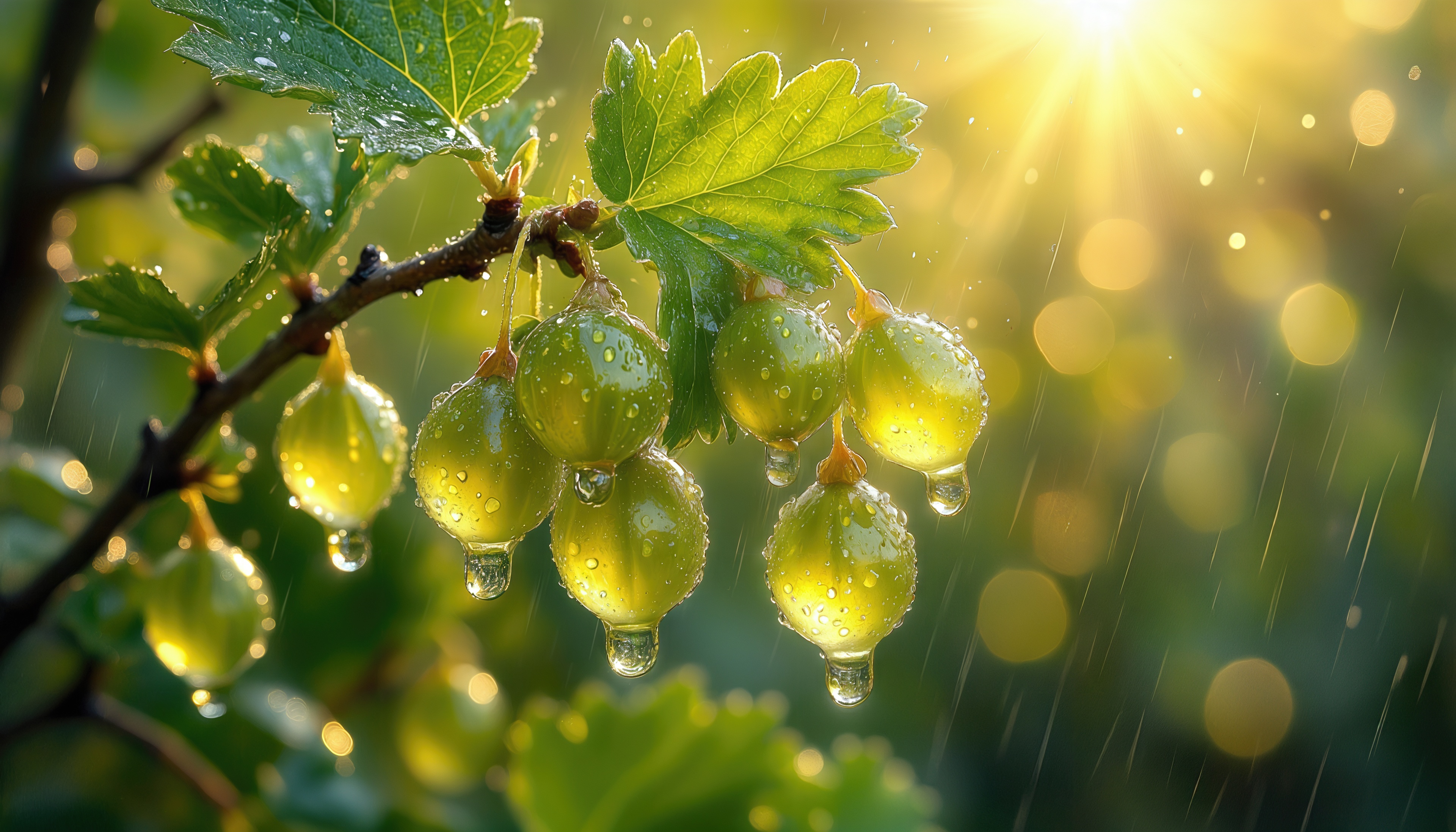 Бесплатное фото Сочные зелёные ягоды крыжовника в каплях дождя, залитые тёплым солнечным светом.