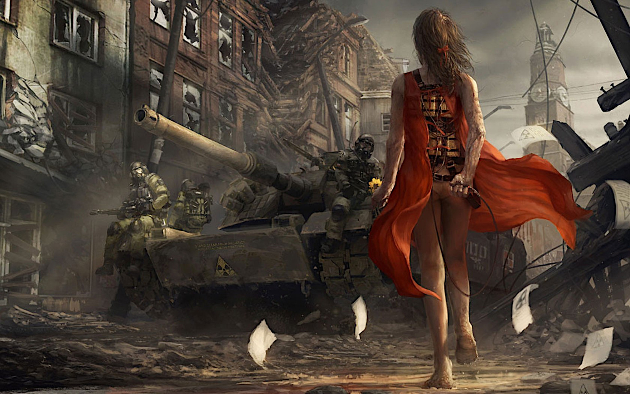 免费照片穿红衣服的自杀女孩走向坦克