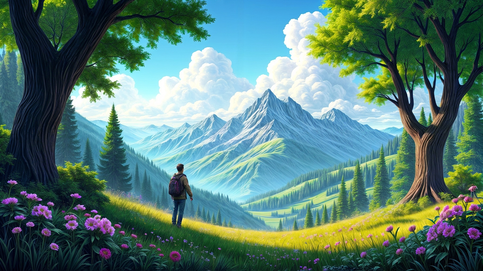 Турист стоит и любуется природой