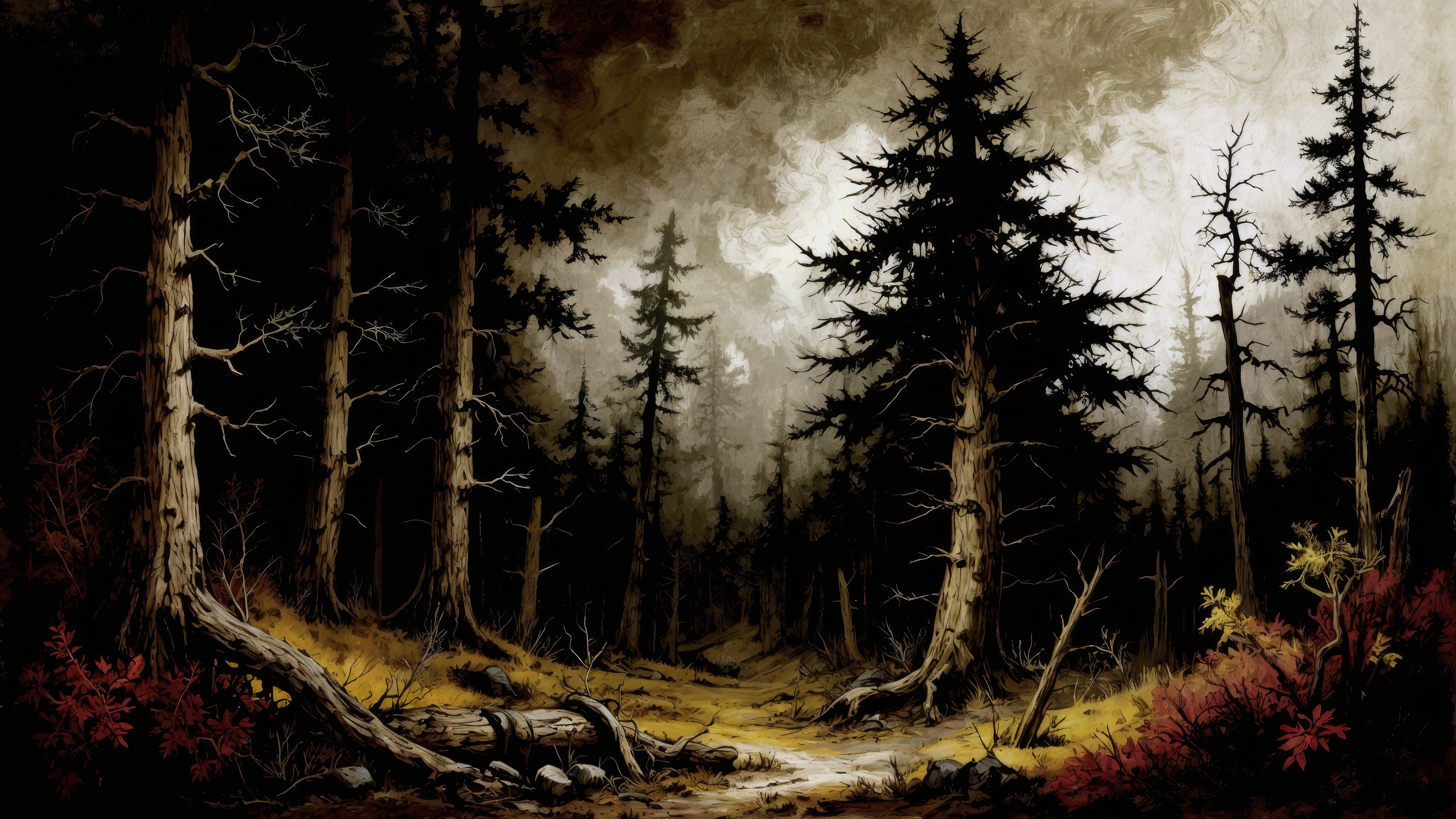 一幅画的树木和一条小路在树林里