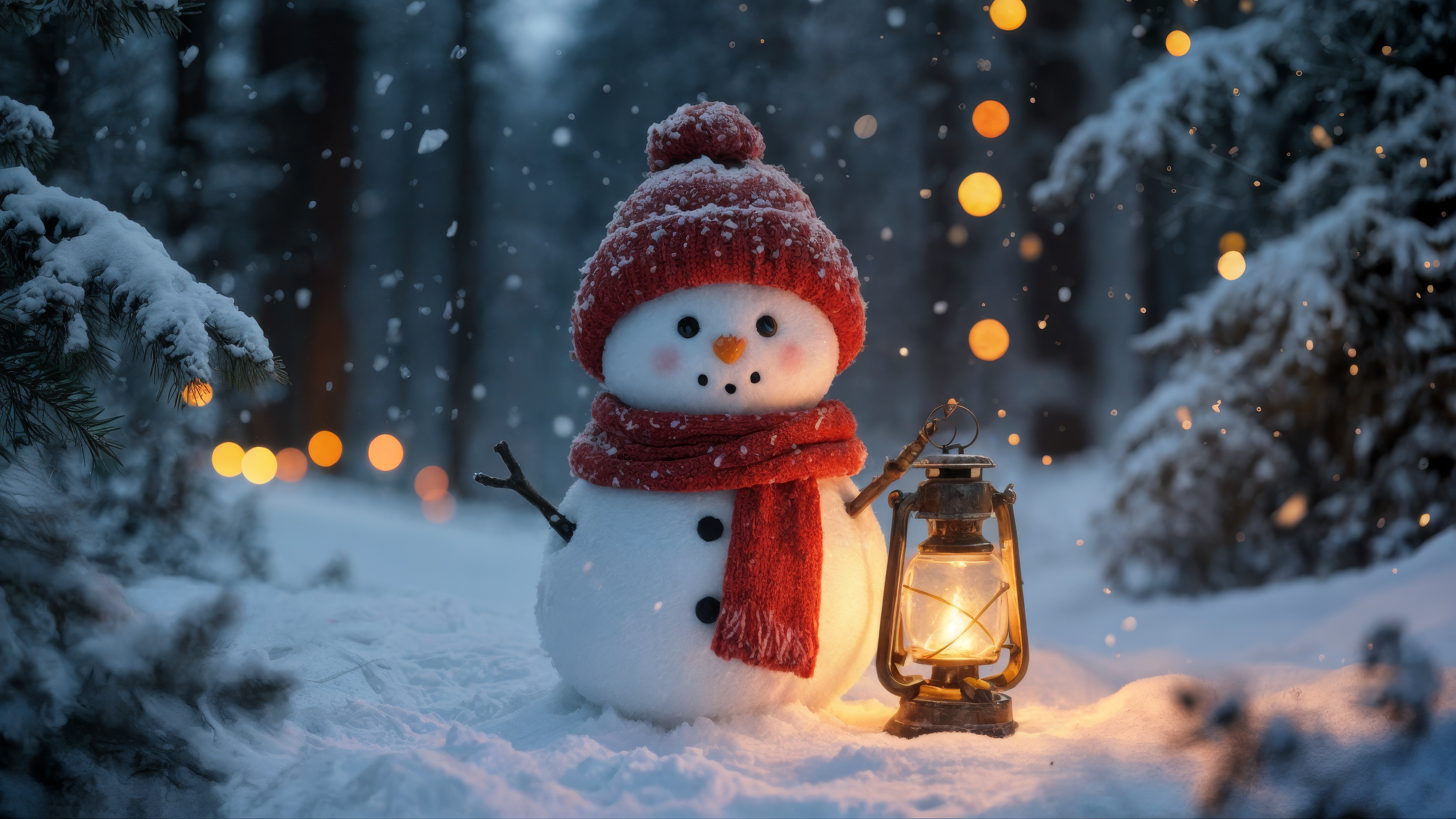 Бесплатное фото Там изображен снеговик, который был освещен и смотрит в камеру