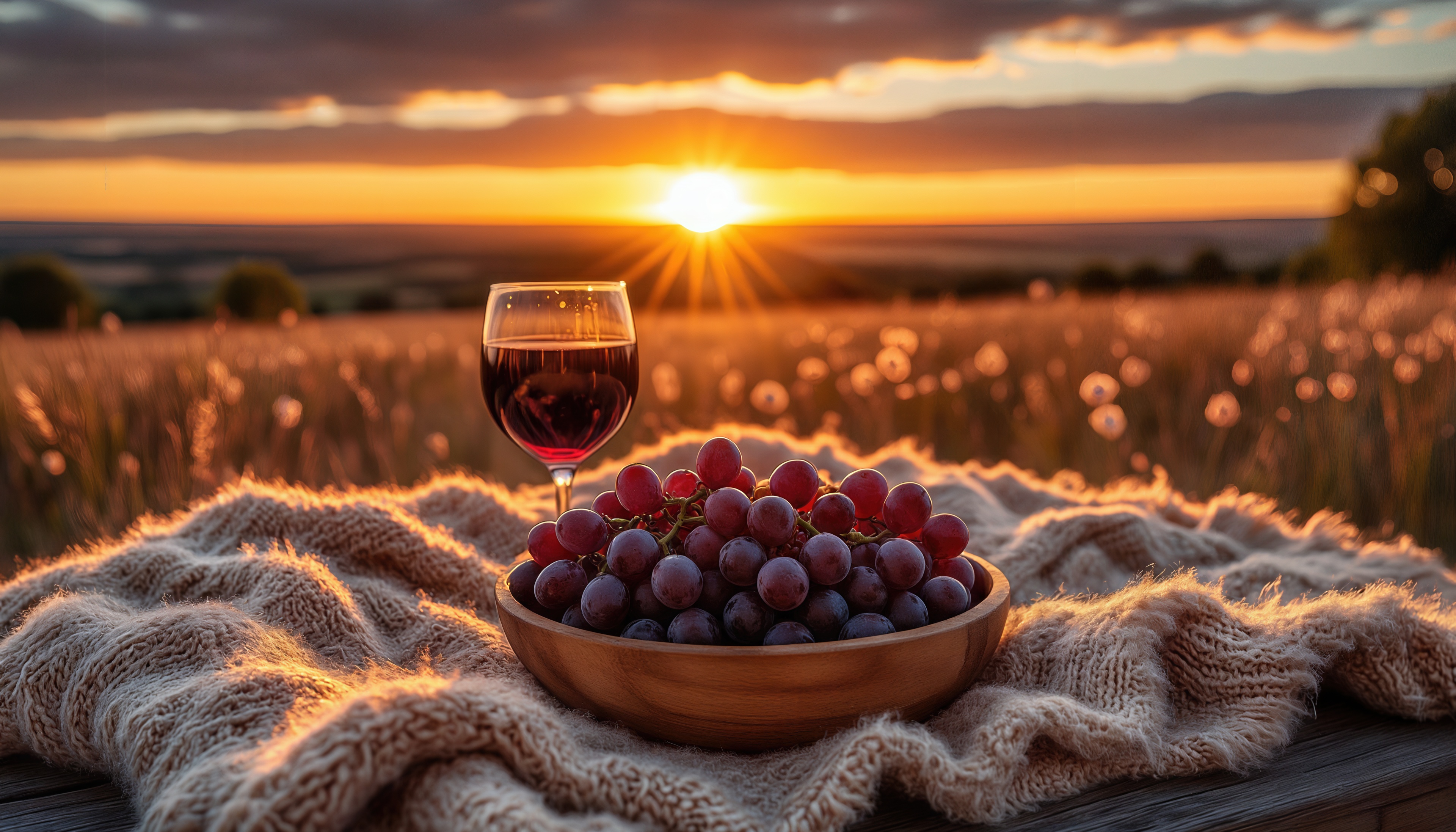 Бесплатное фото Бокал красного вина и миска винограда на вязаном пледе на фоне закатного поля.