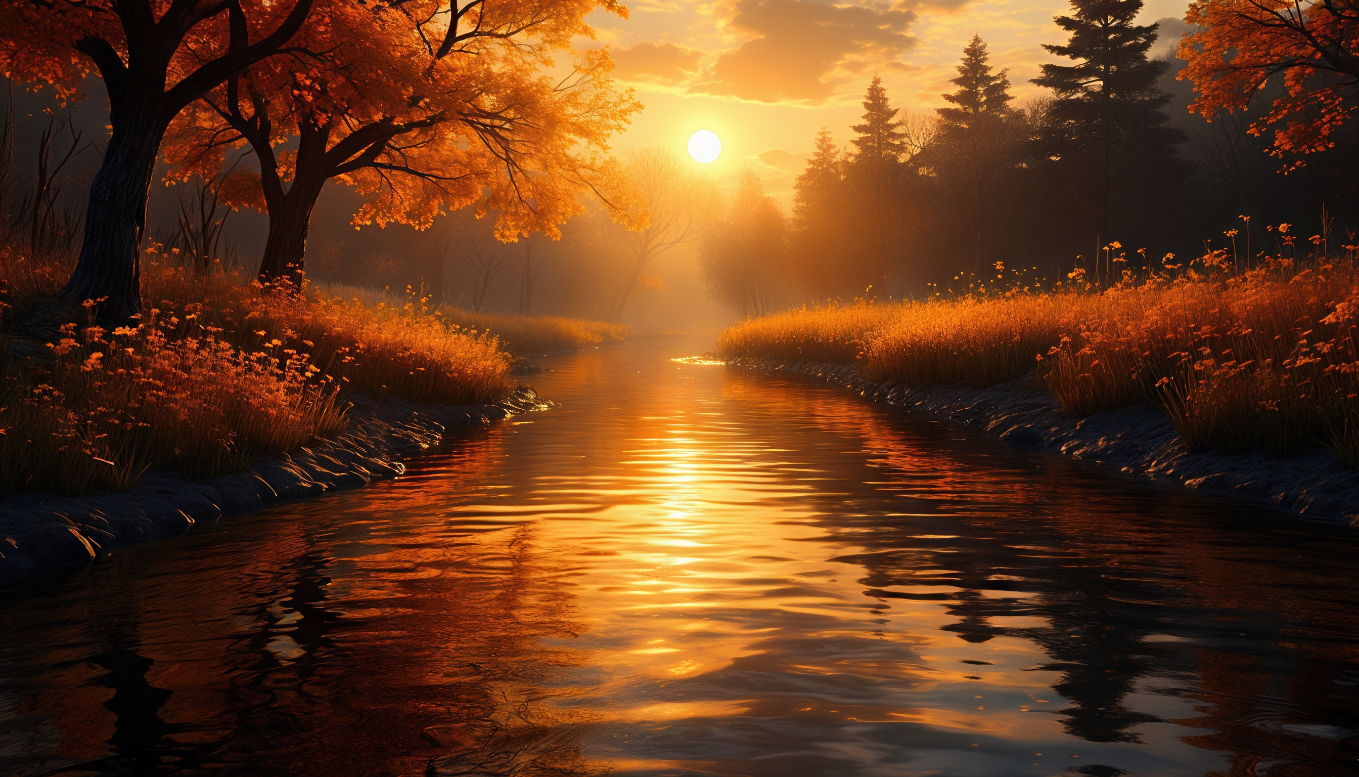 Бесплатное фото Осенний пейзаж с рекой, отражающей закат, окружённой деревьями с золотистыми листьями.