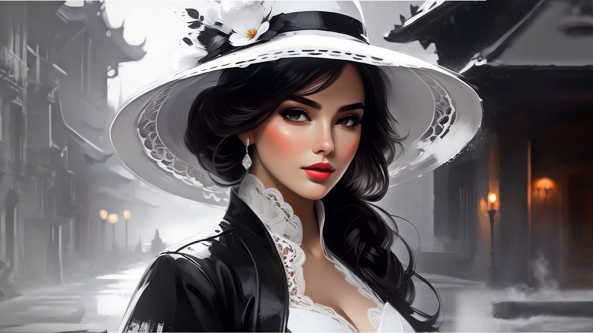 Бесплатное фото Портрет девушки в белой шляпе на улице старого города