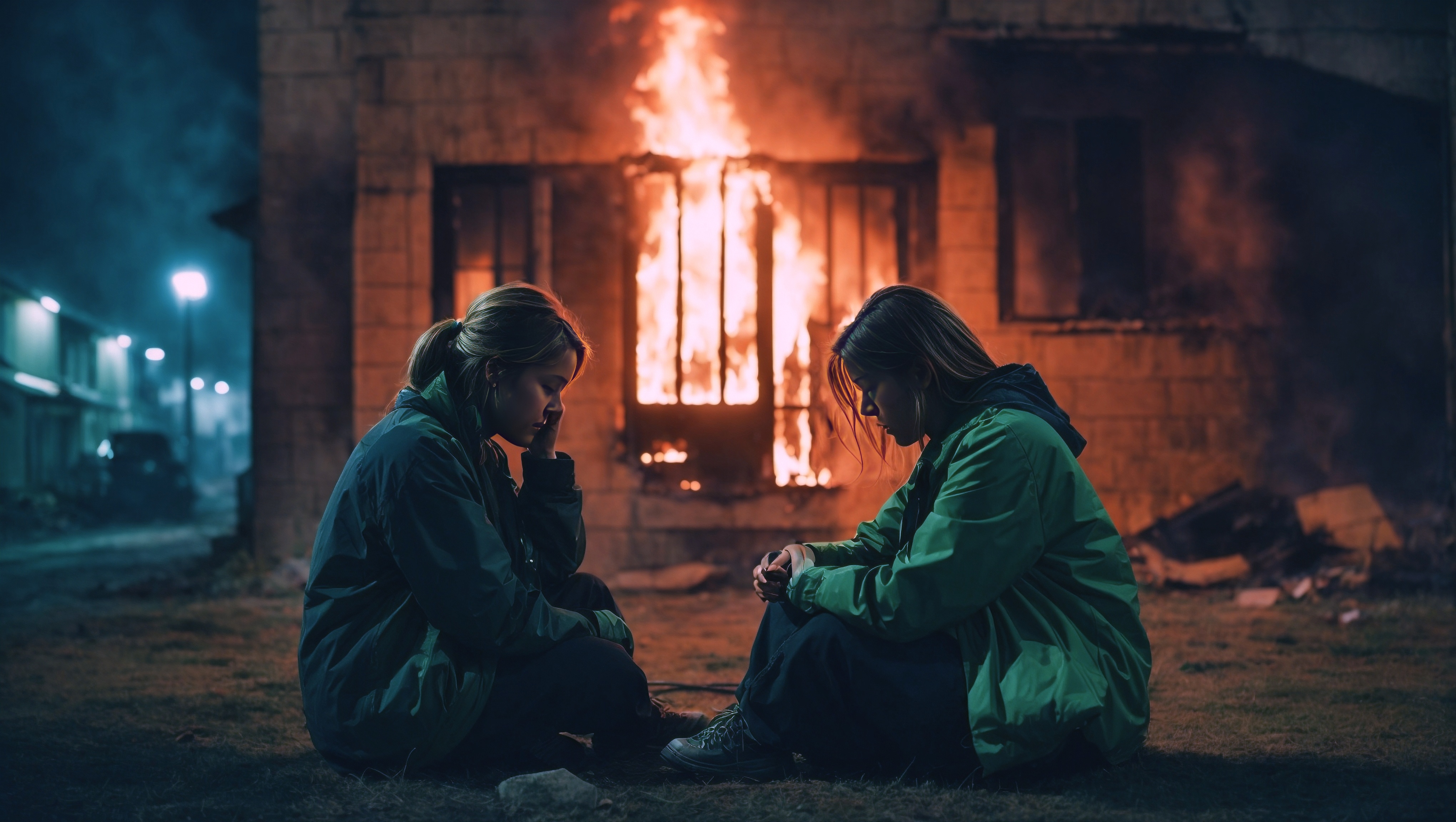 Бесплатное фото Две женщины сидят бок о бок перед зданием, охваченным огнем