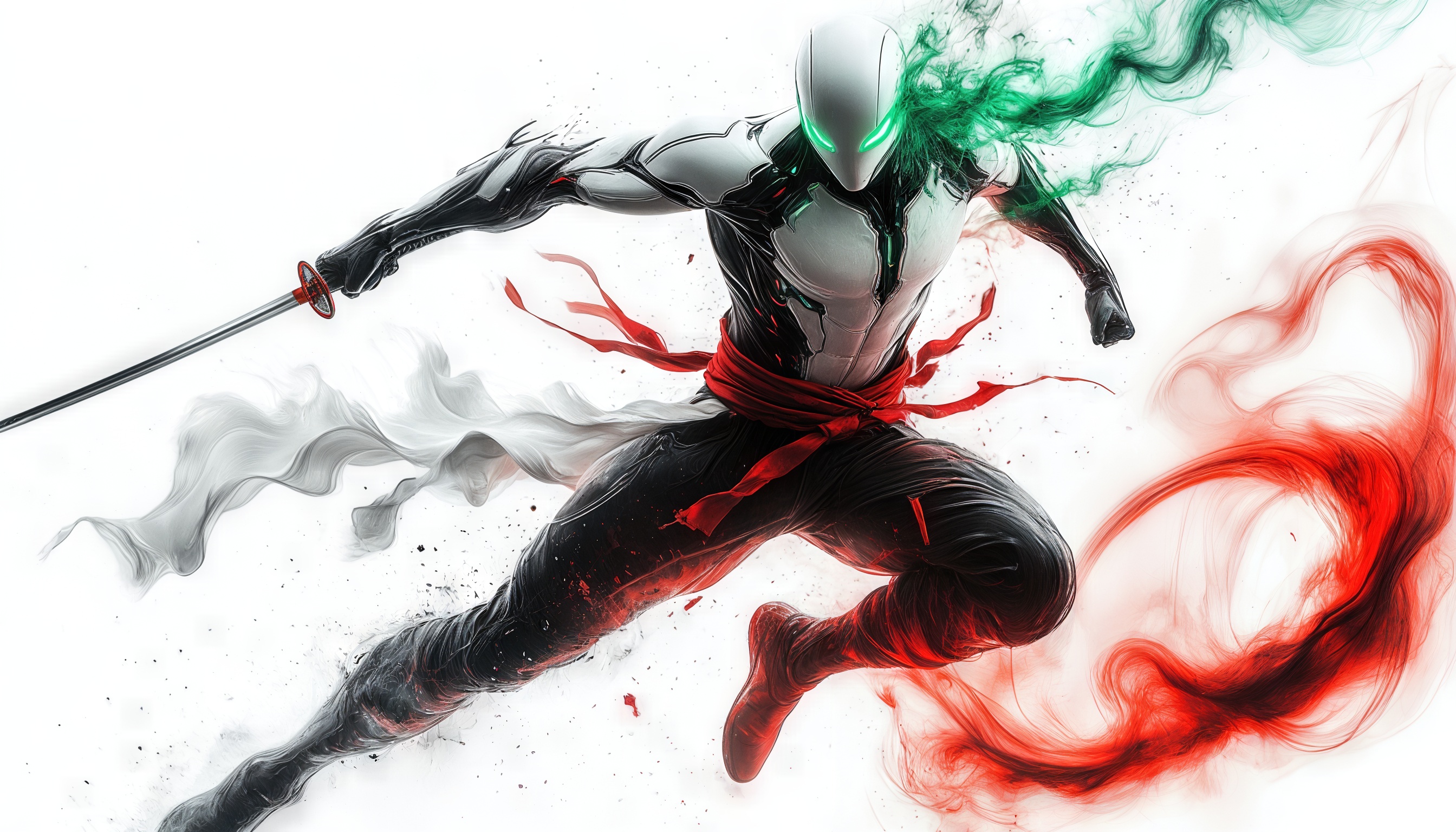 Динамичный аниме-персонаж в черно-белом костюме с катаной и зелеными глазами, окруженный красным и зеленым дымом.