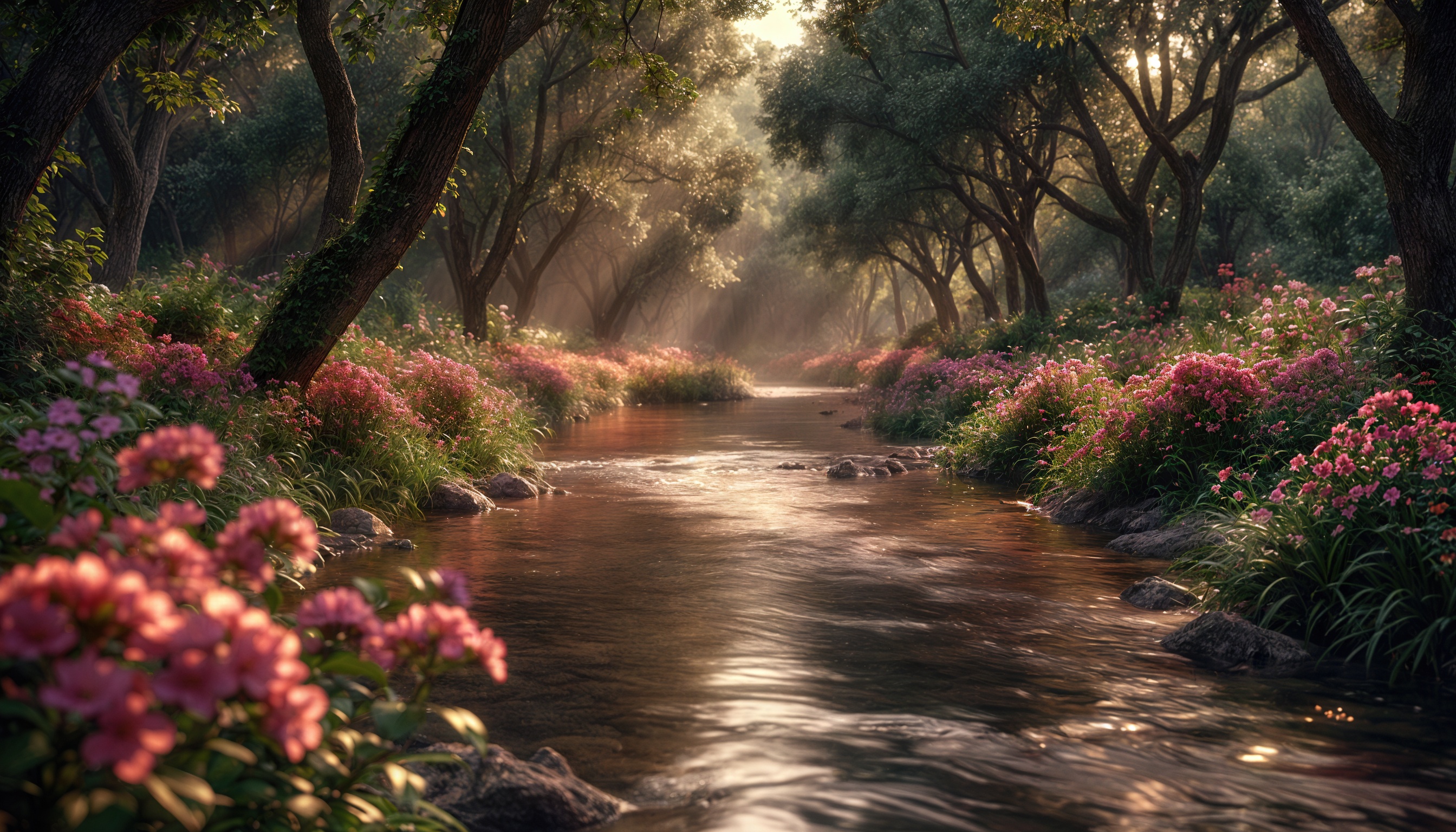Бесплатное фото Лесной ручей, окруженный деревьями и цветами, в утреннем свете создает умиротворяющую атмосферу.