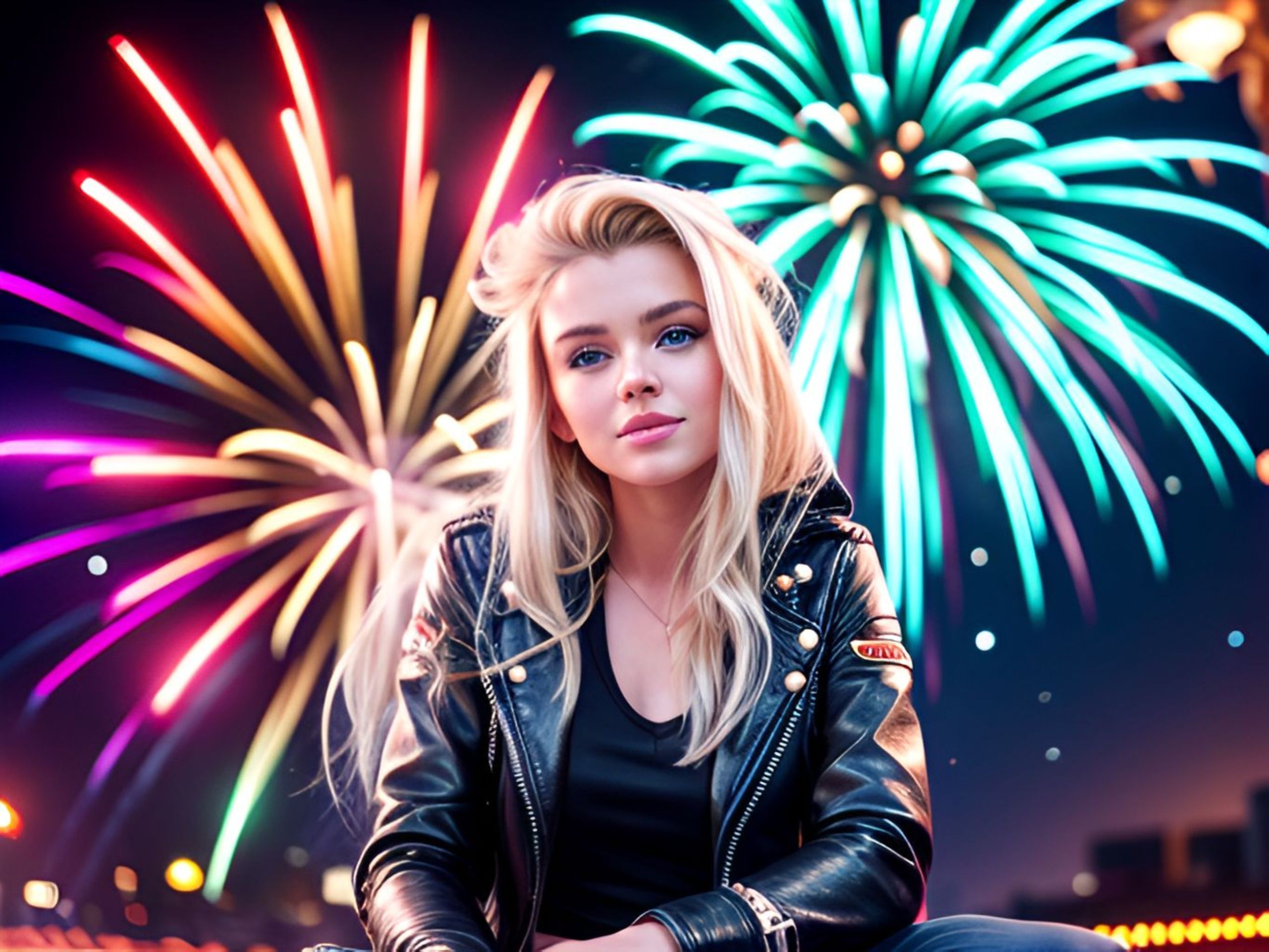 Free photo Beautiful blonde, in leather jacket, in front of fireworks, photo
