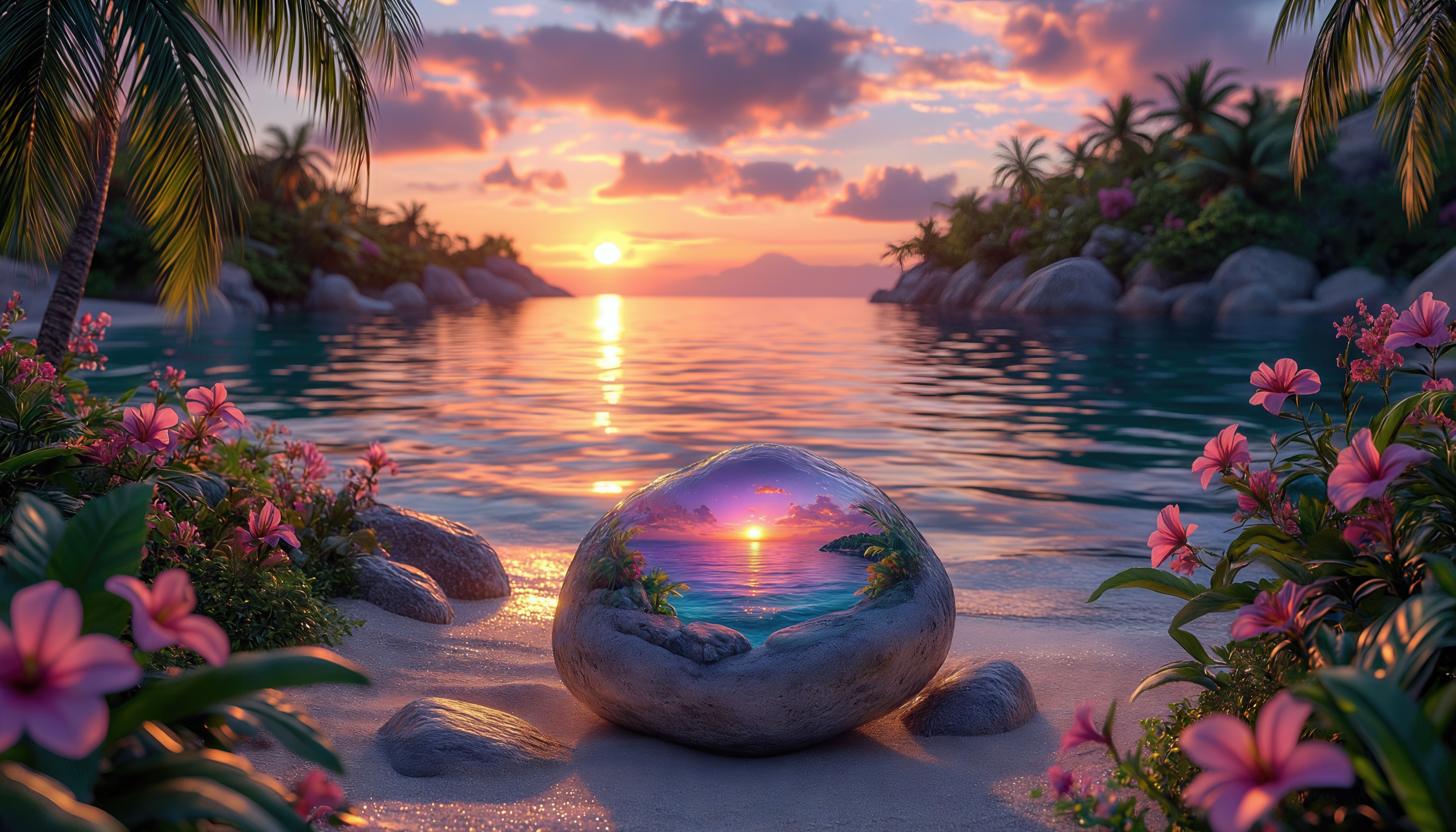 Бесплатное фото Тропический закат отражается в магическом камне на берегу океана.