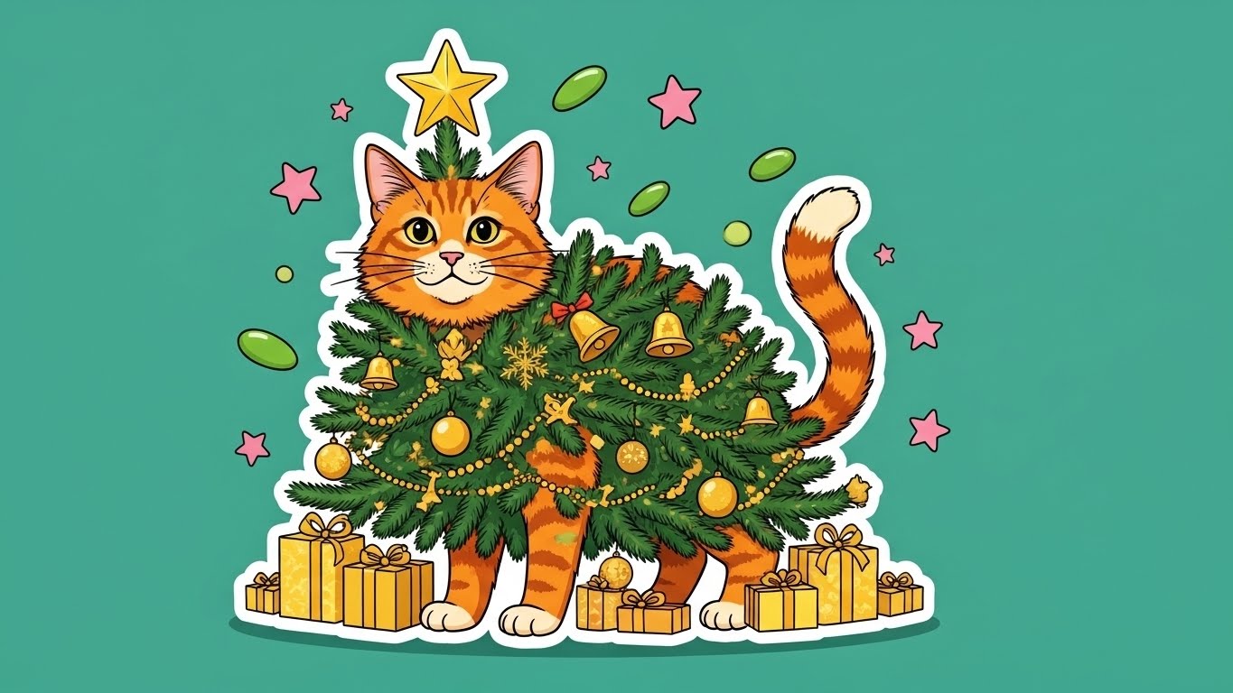 Бесплатная открытка Кот и ёлка.