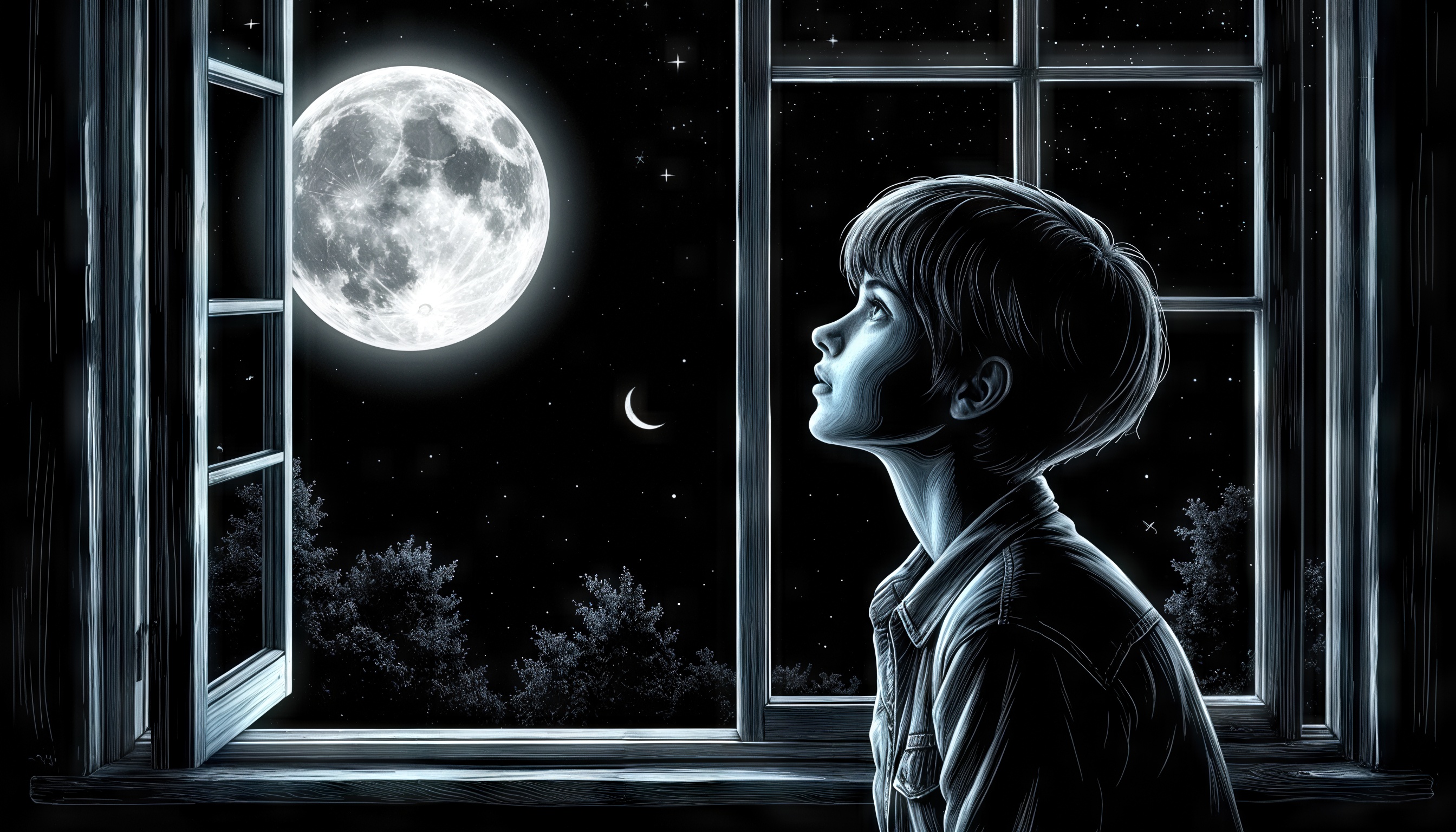 Бесплатное фото Девушка у окна смотрит на луну.