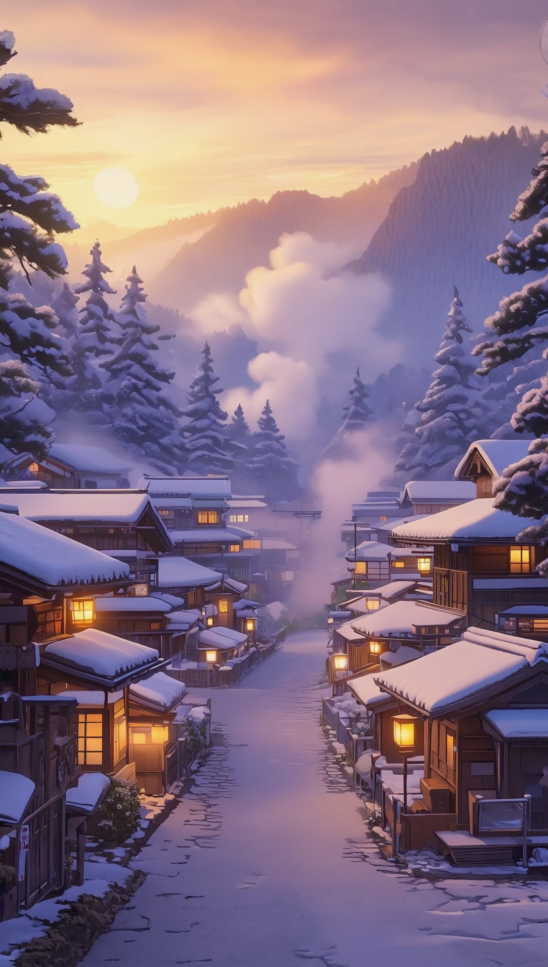 Free photo Wallpaper on your phone, a landscape with sunlit clouds and a village