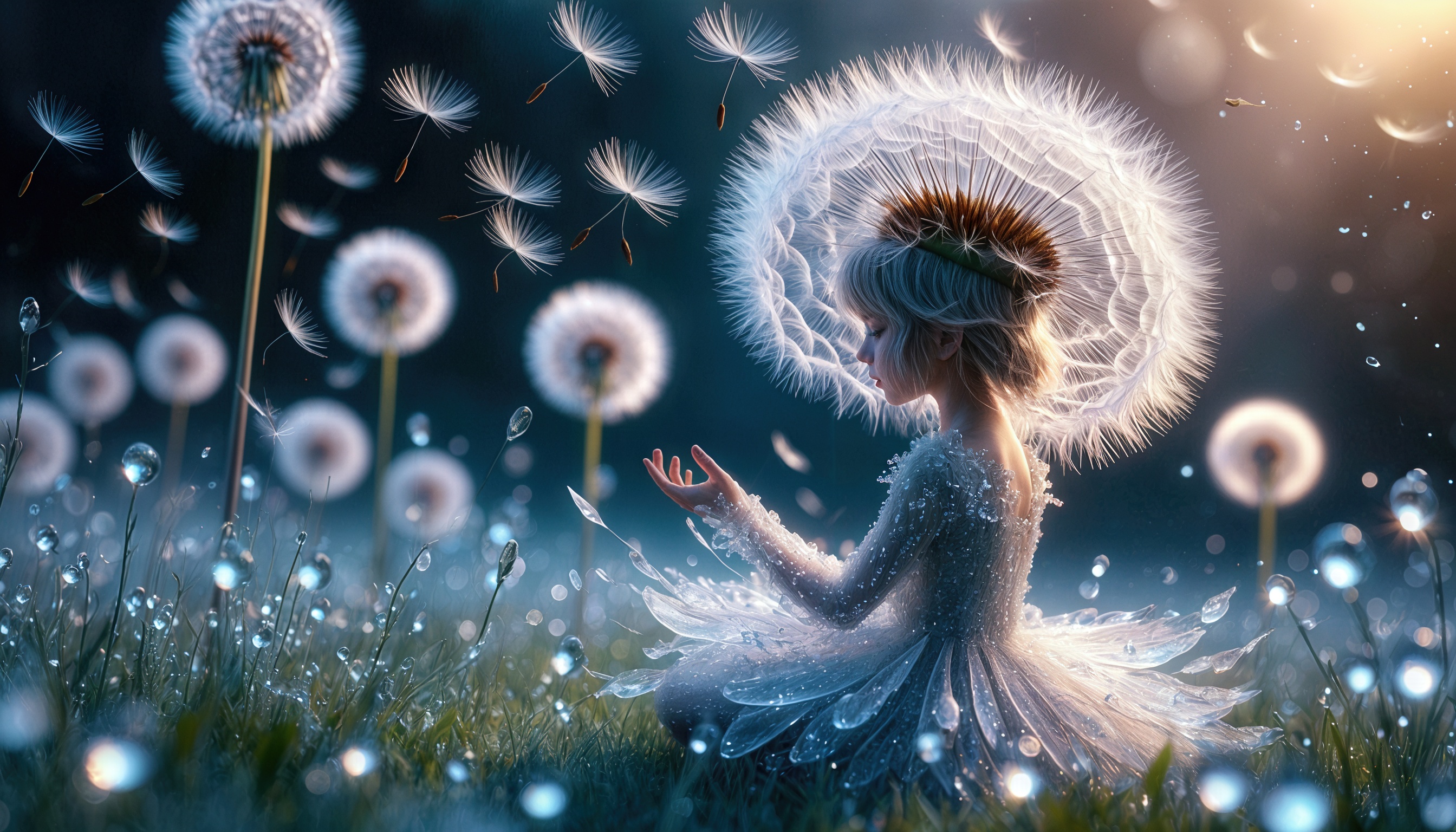 Фея в сверкающем платье сидит среди одуванчиков на росистой траве, нежно протянув руку к парящим семенам.