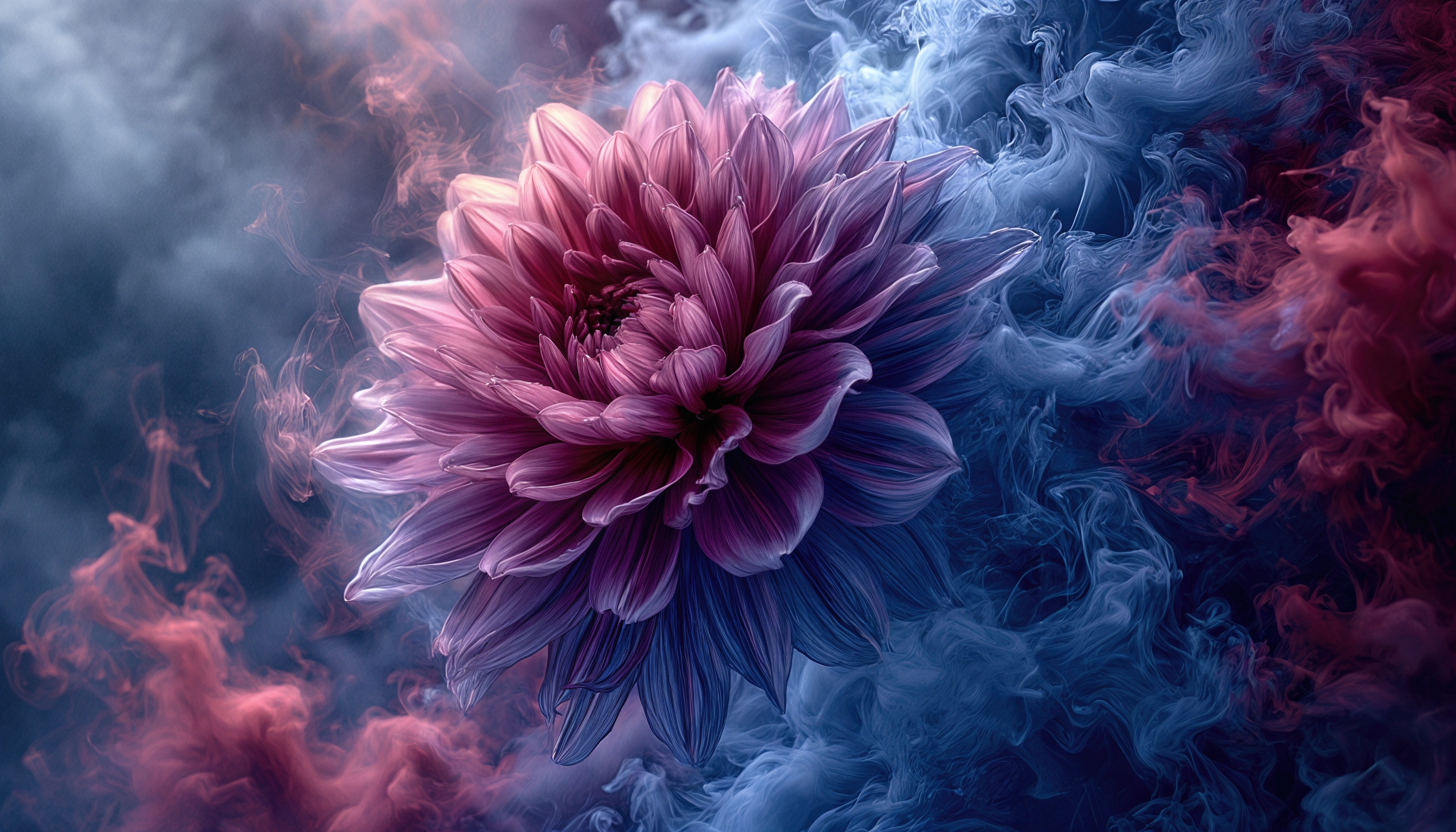 Роскошный цветок в вихре розового и синего дыма - мистическая красота.