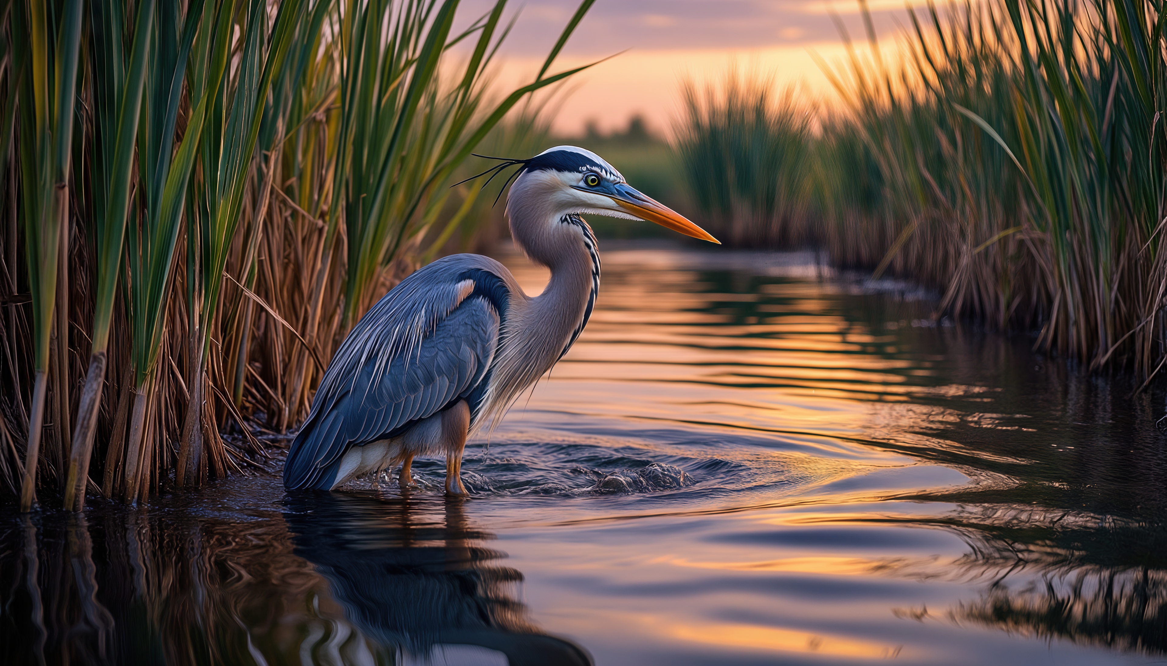 Бесплатное фото Величественная голубая цапля на фоне закатного неба у кромки воды.