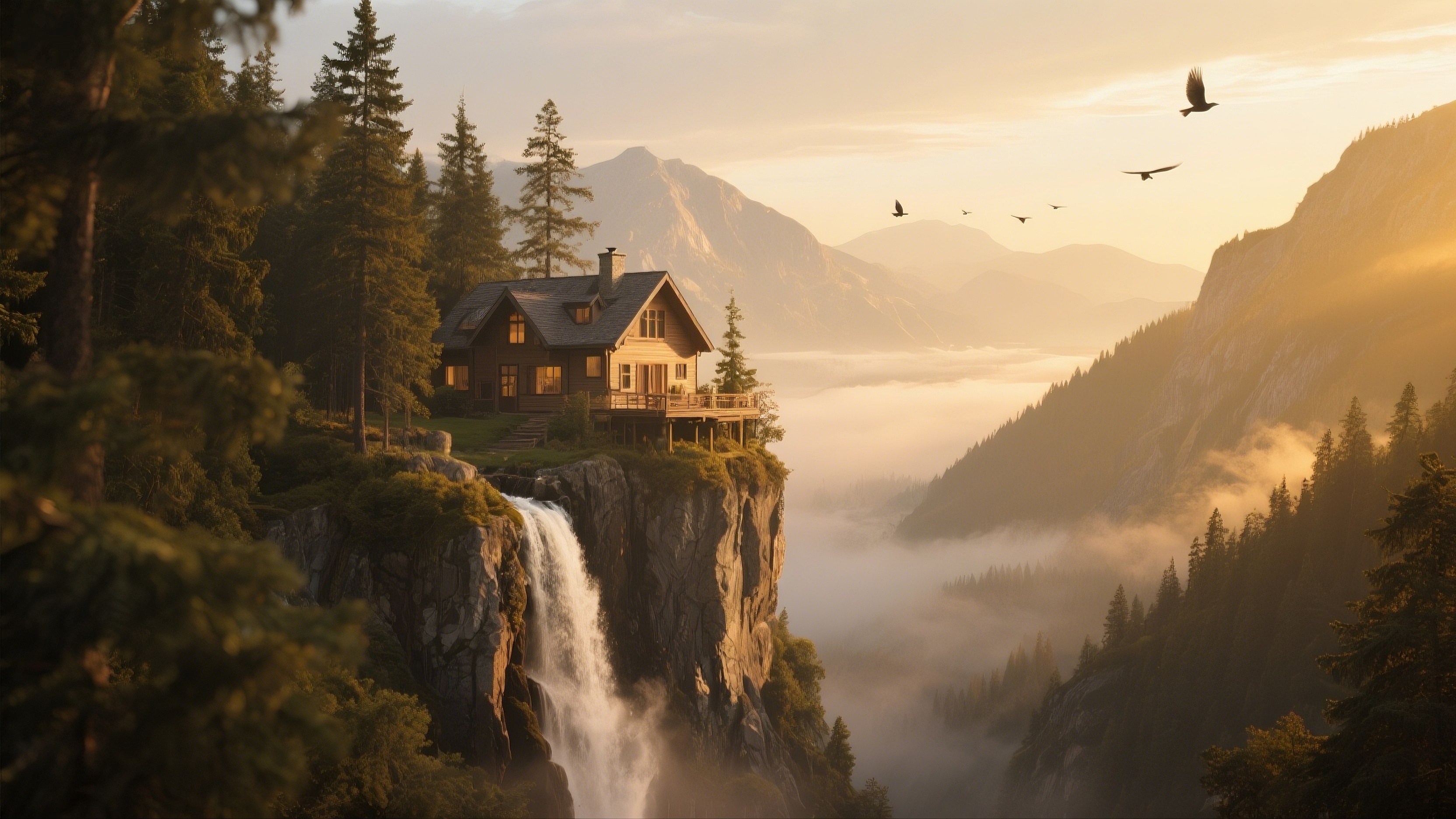 Дом на скале над водопадом.