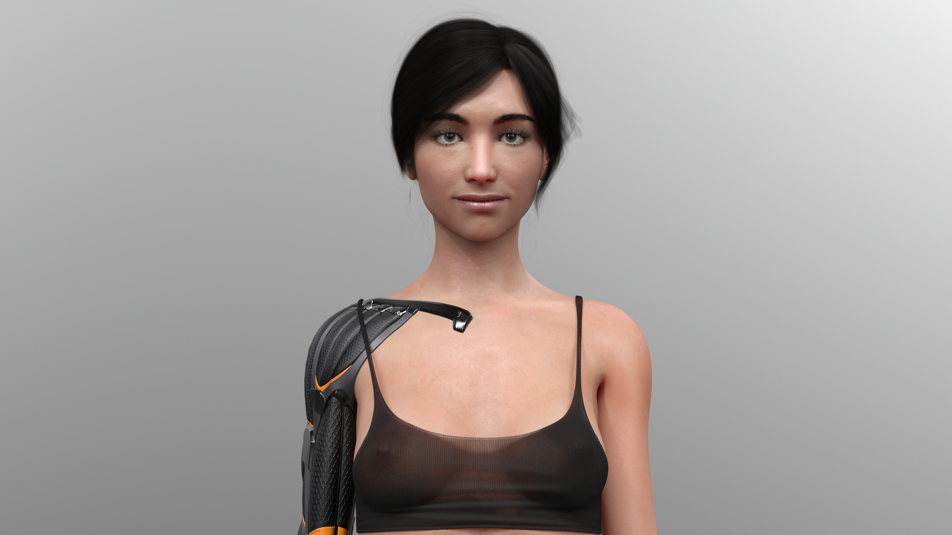 免费照片萨基拉-罗敦在短片《网络震荡者》中展示了她的机械手臂和透明的黑色背心。