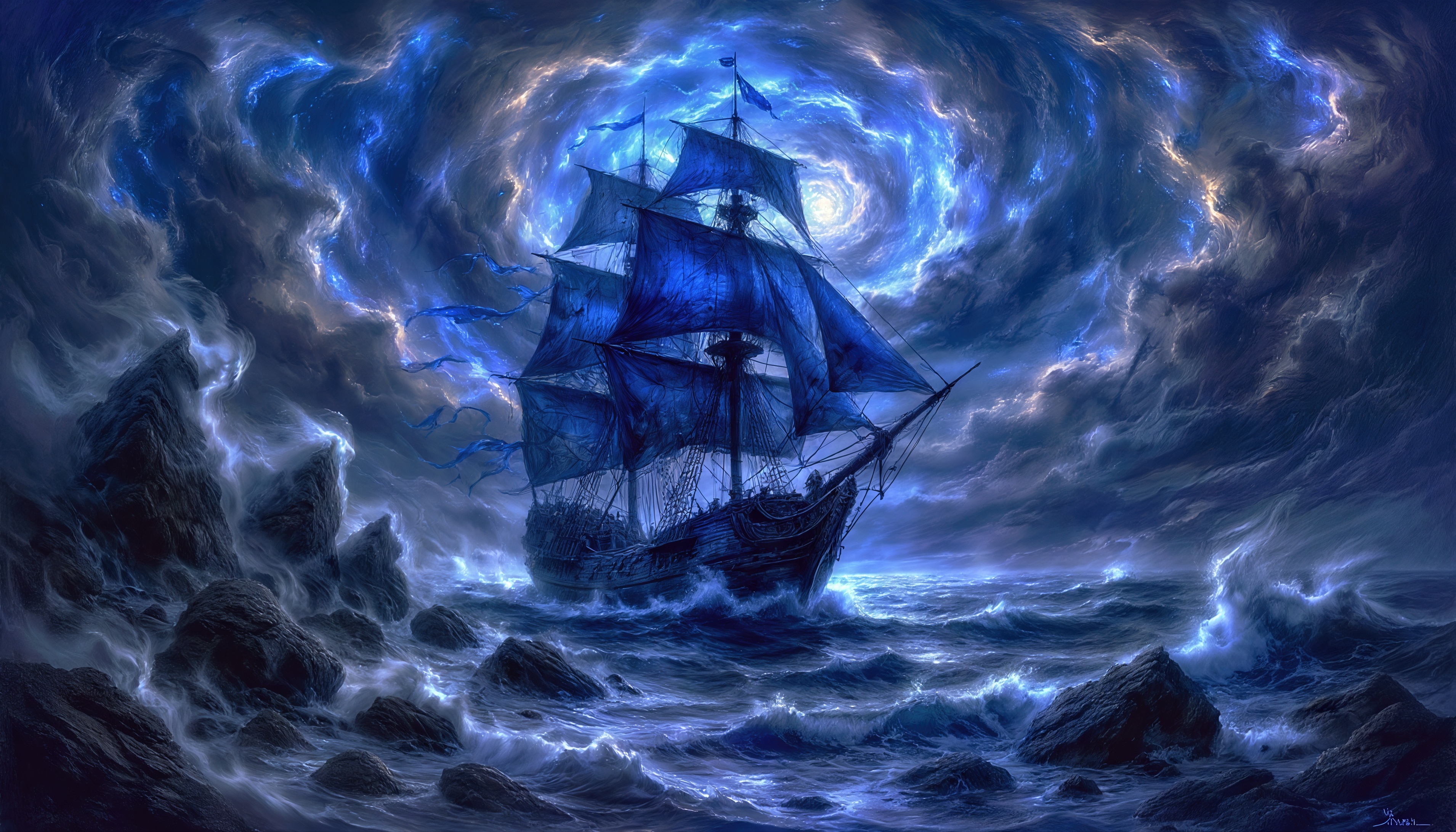 Бесплатное фото Корабль в центре водоворота, окруженный бурными водами и грозовыми облаками.