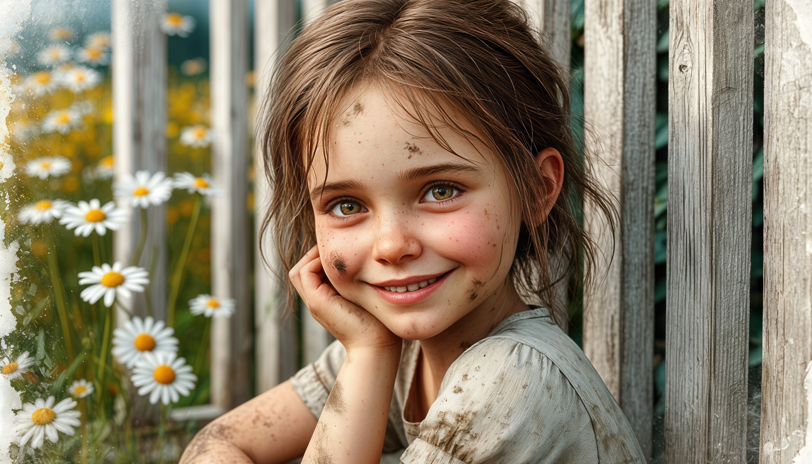 Чумазая девочка с веснушками улыбается на фоне деревянного забора и ромашек.