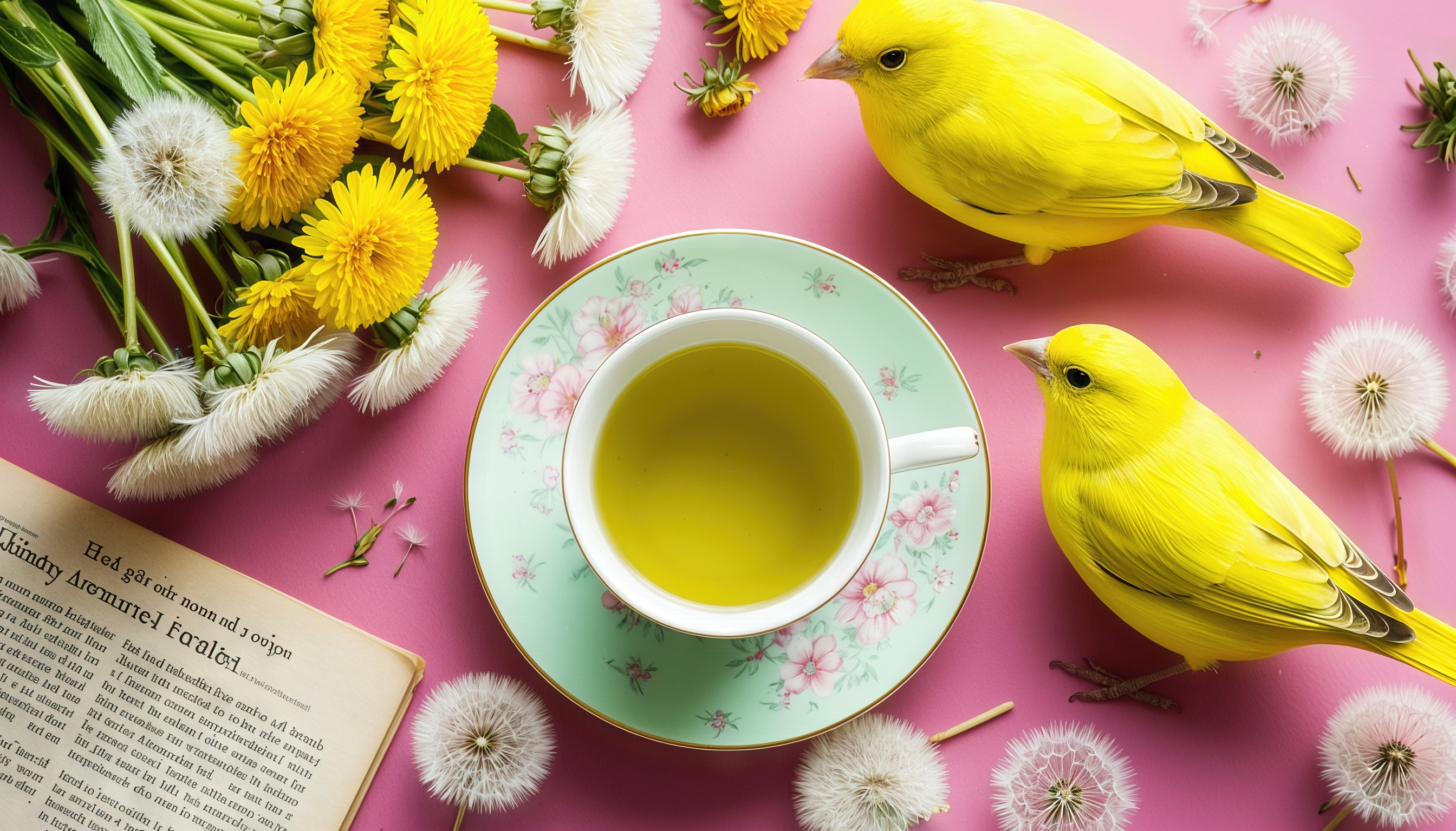 Бесплатное фото Две жёлтые птицы, чашка с чаем на розовой тарелке, букет одуванчиков и книга.