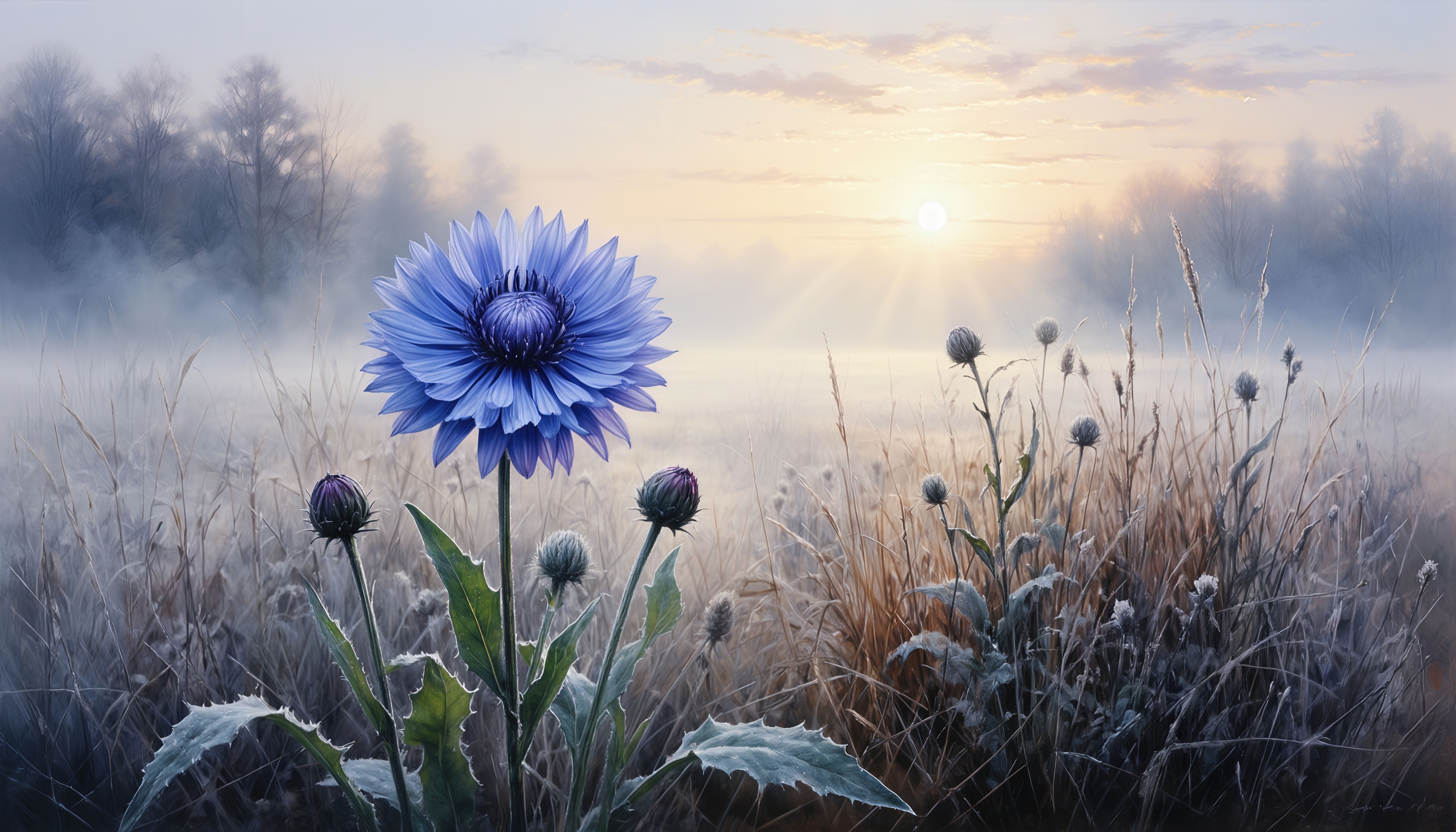 Бесплатное фото Василёк на рассвете: туманное поле в лучах восходящего солнца.