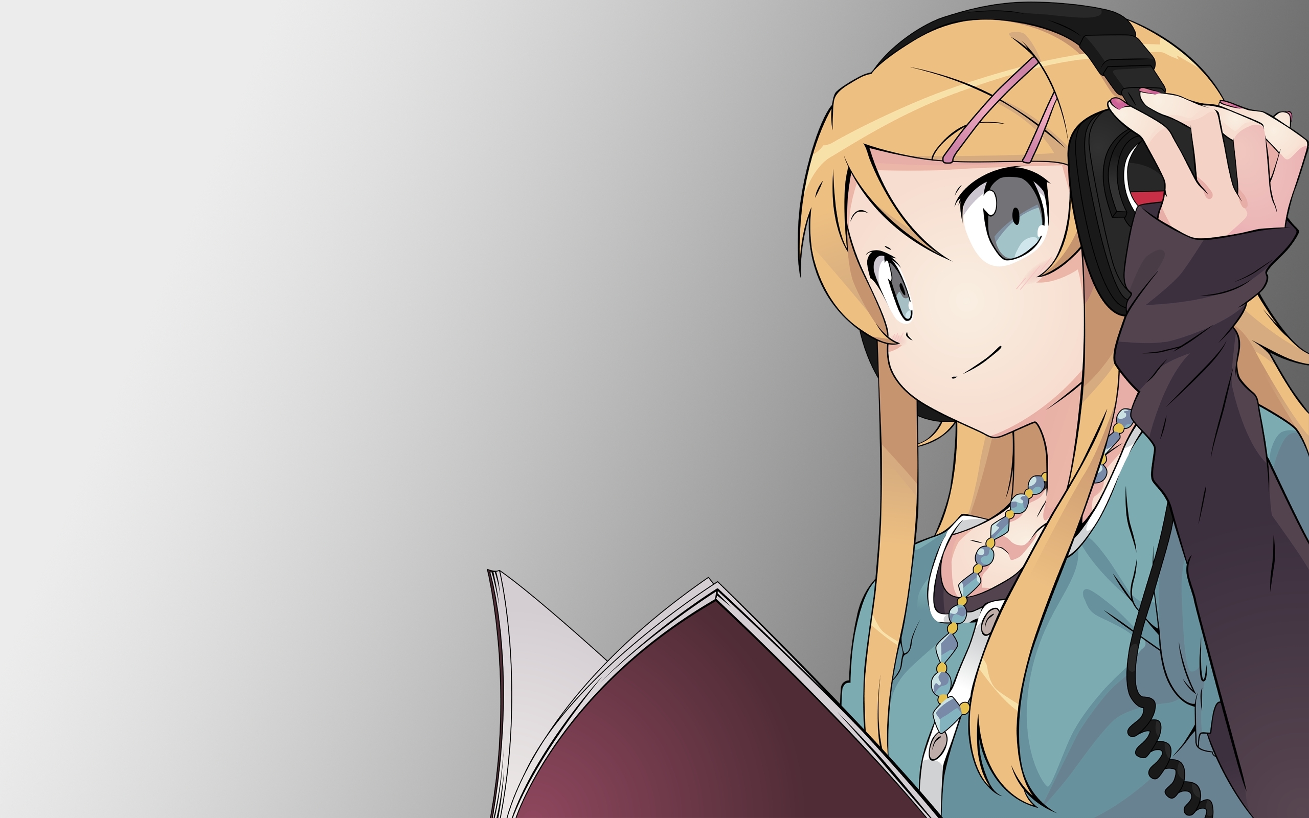 Free photo Kirino Kosaka with a book on his headphones