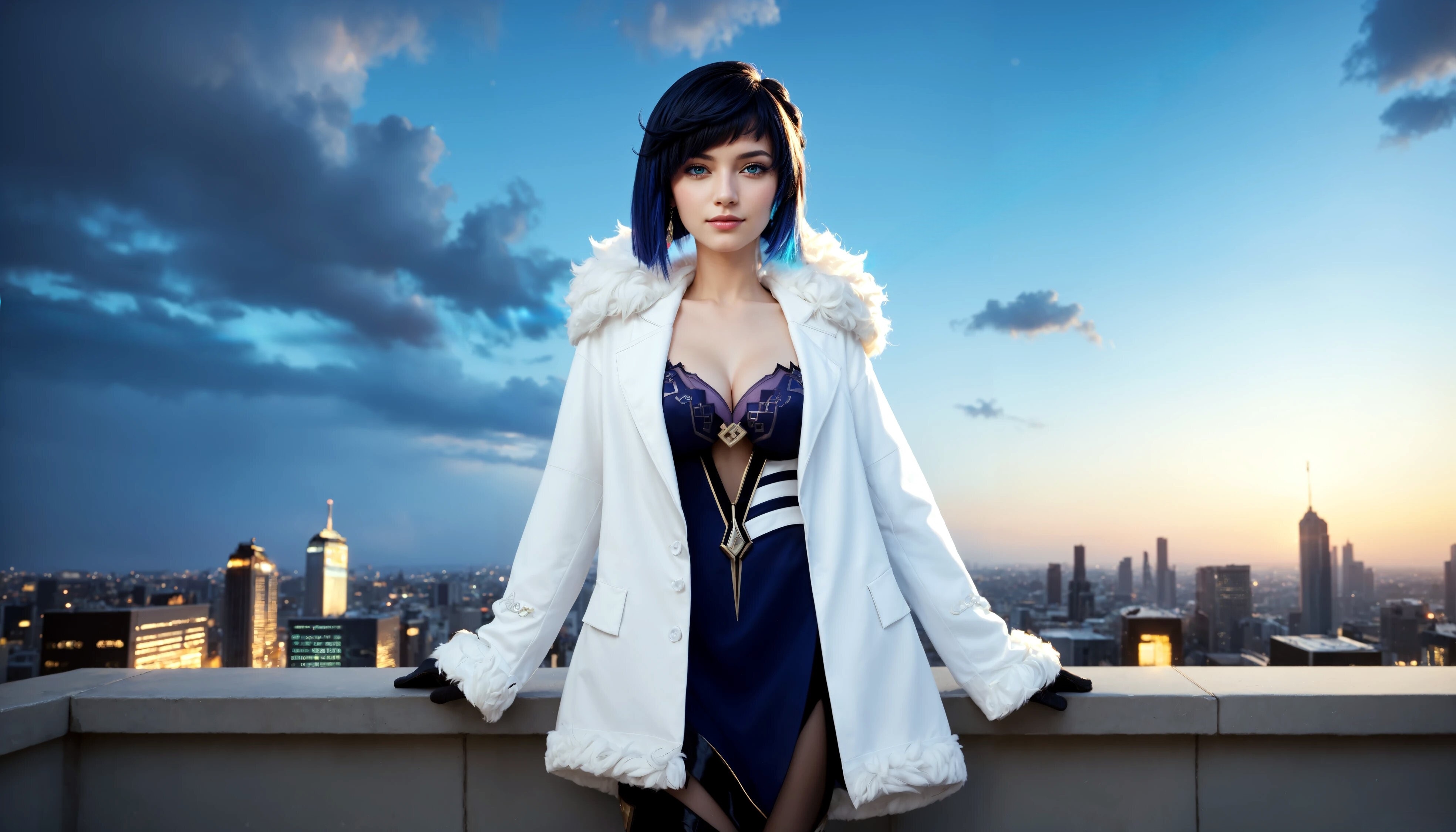 Бесплатное фото Красивая женщина в белом польто стоит на балконе