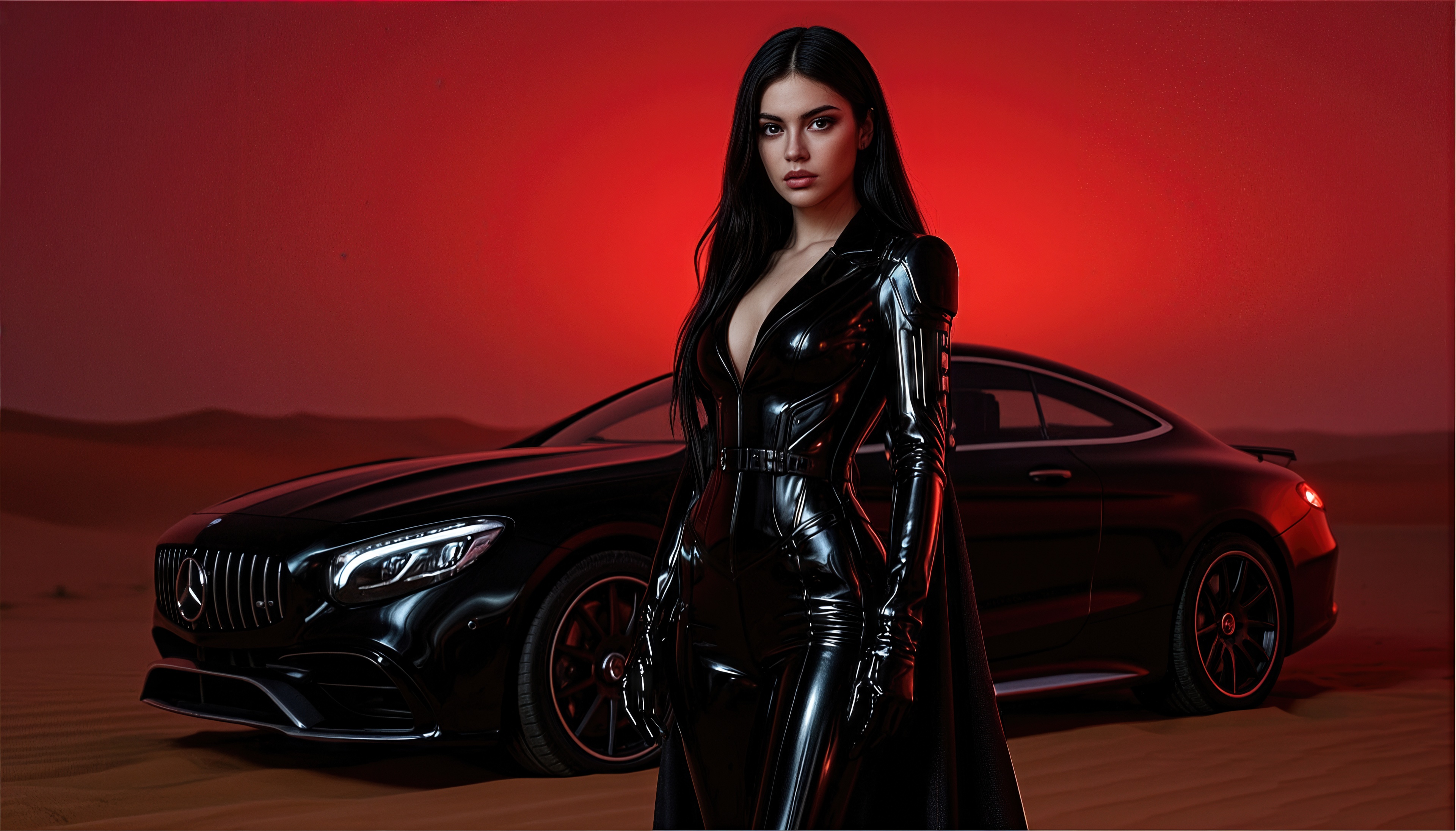 Free photo A girl in latex on the background of a black Mercedes in the desert at a red sunset.