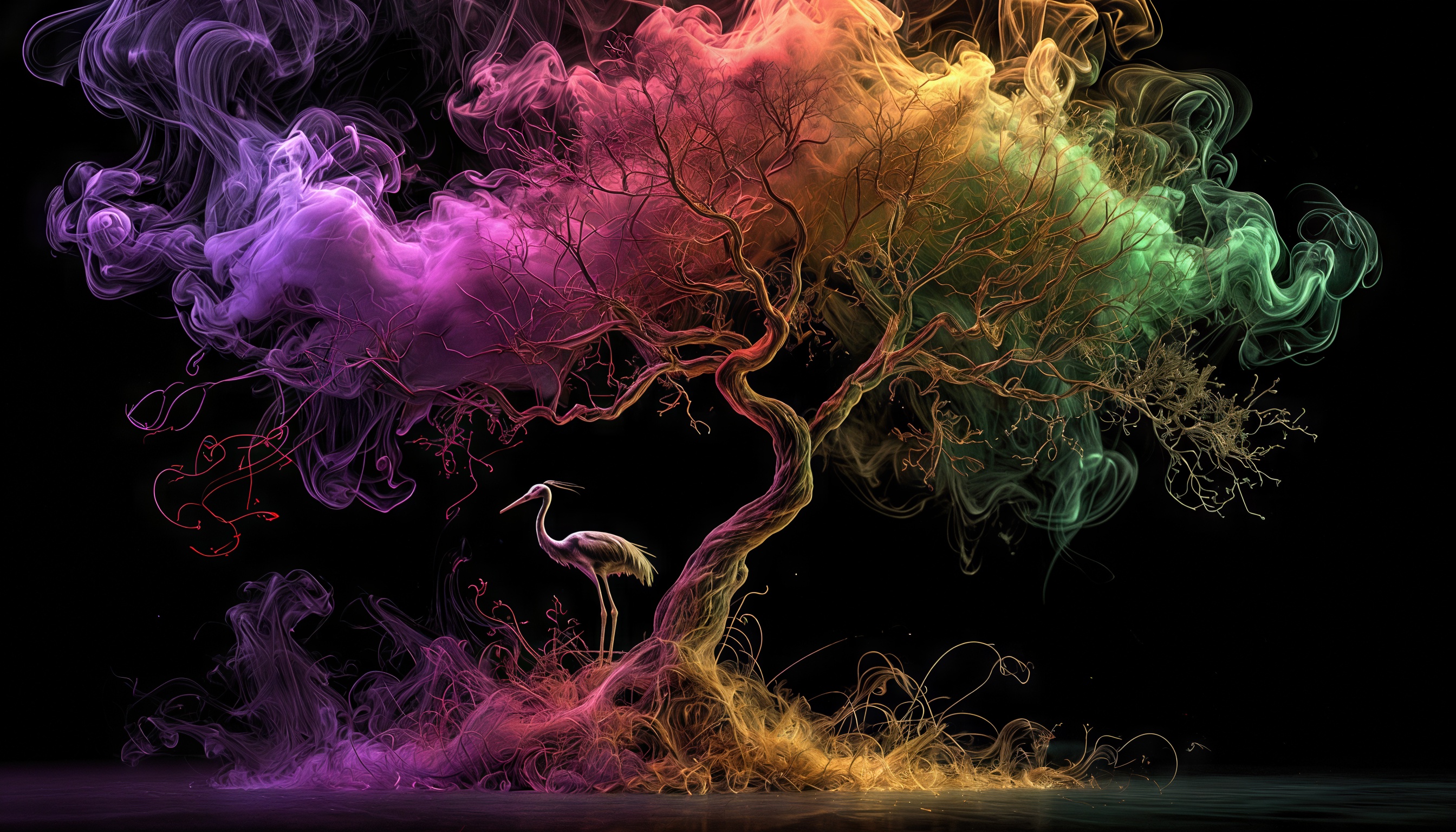 Бесплатное фото Журавль застыл у древа из мистического дыма - сплетения красок в танце волшебства на чёрном фоне.