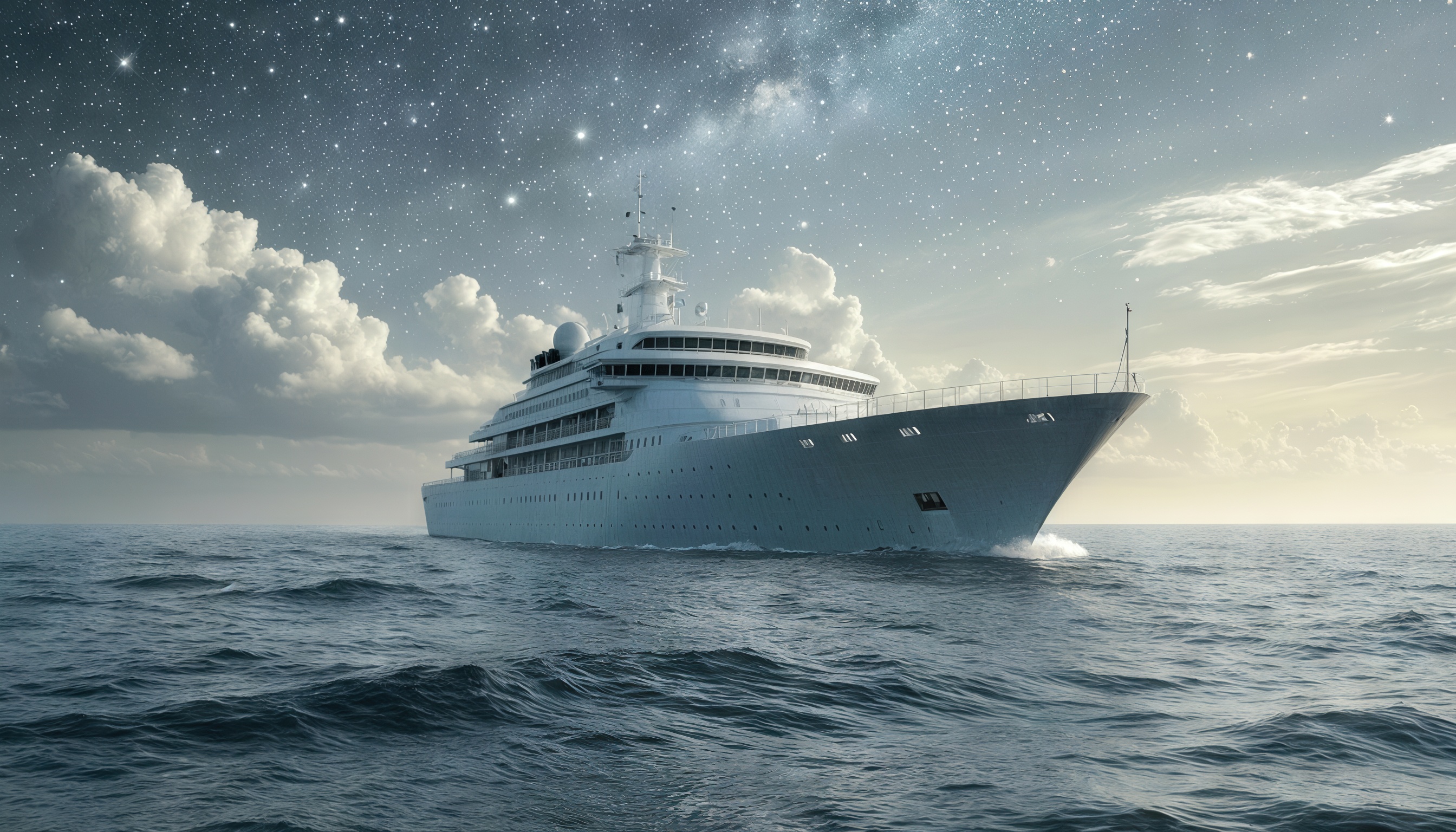 Бесплатное фото Круизный лайнер плывет по ночному морю под звездным небом.