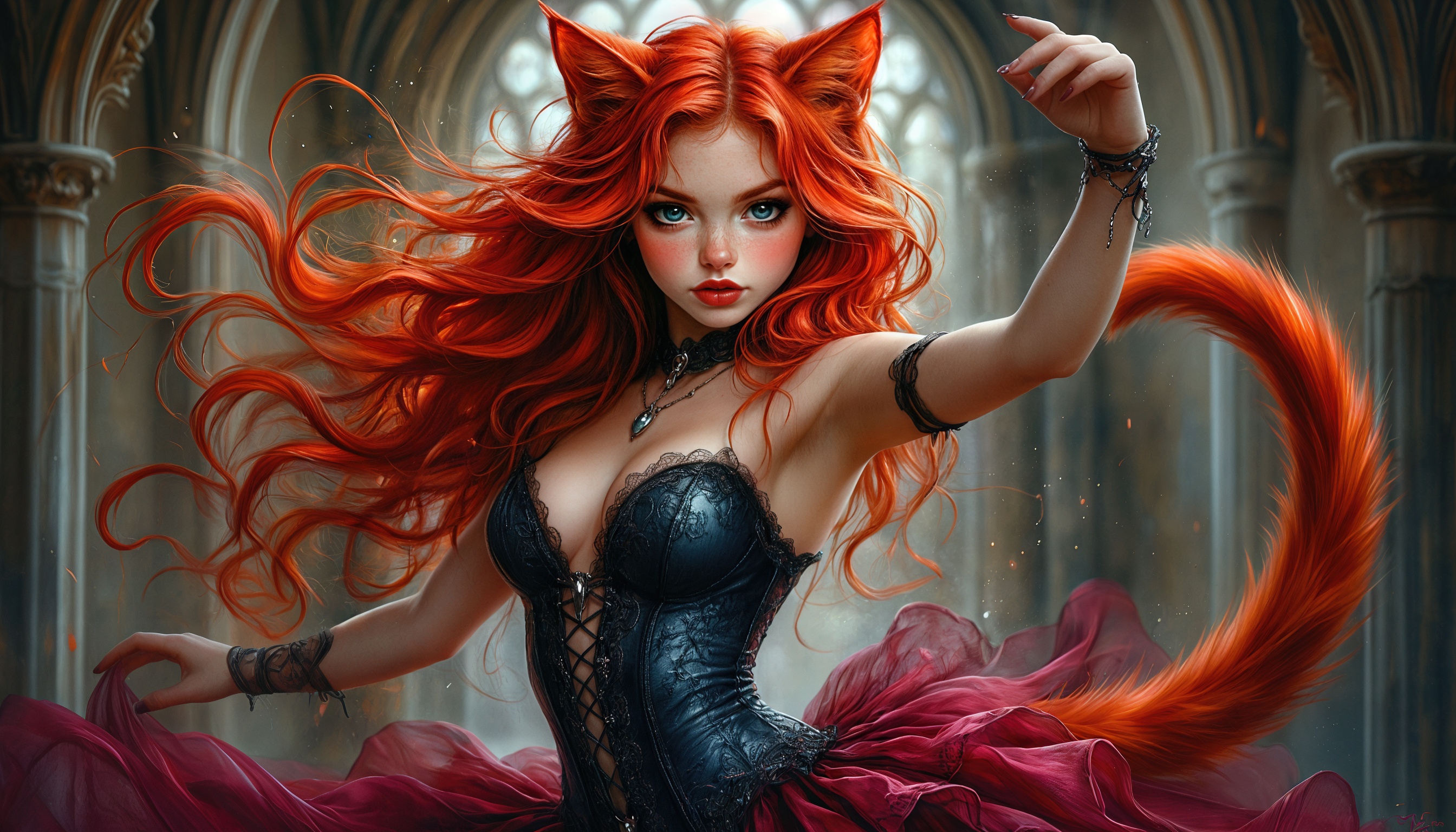 Бесплатное фото Девушка с рыжими волосами и лисьими ушами в готическом интерьере.