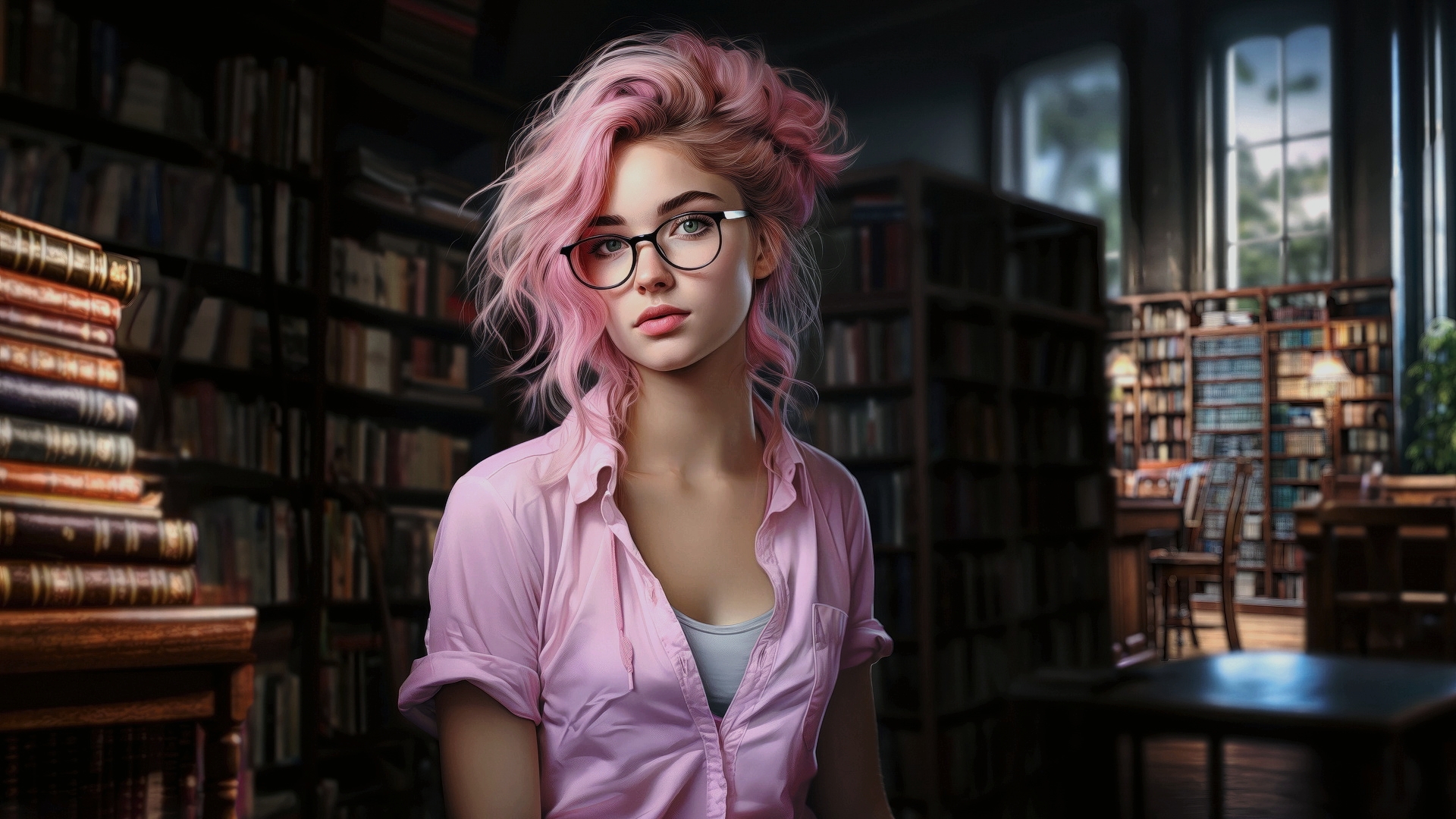 免费照片坐在图书馆里的粉色衬衫女孩肖像
