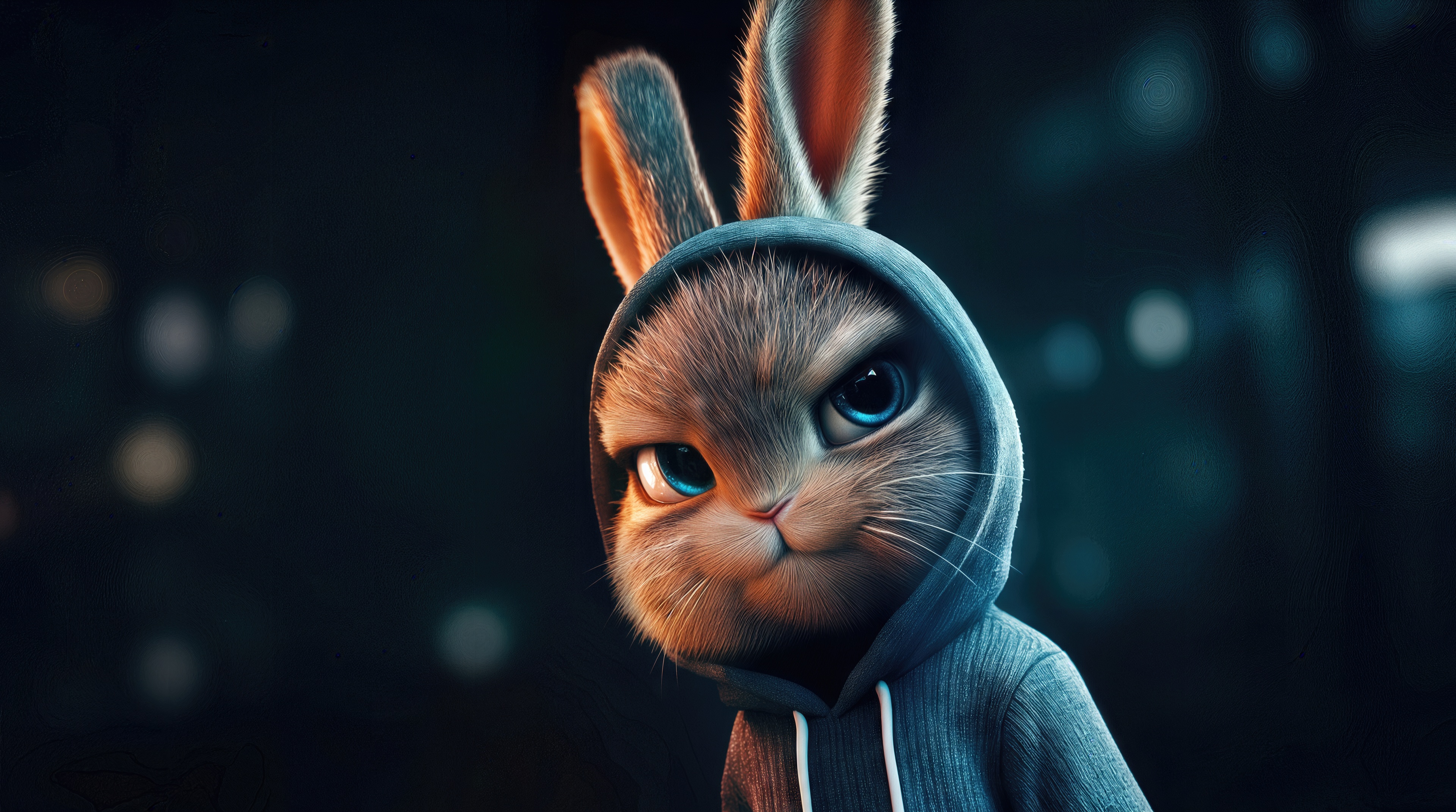 Free photo A cute but gloomy bunny in street style clothes poses at night under the light of city lanterns.