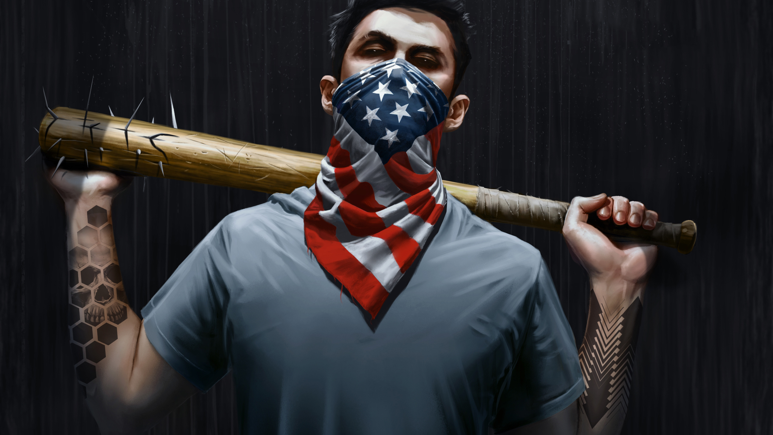 一个戴着美国国旗面具、拿着球棒的家伙。
