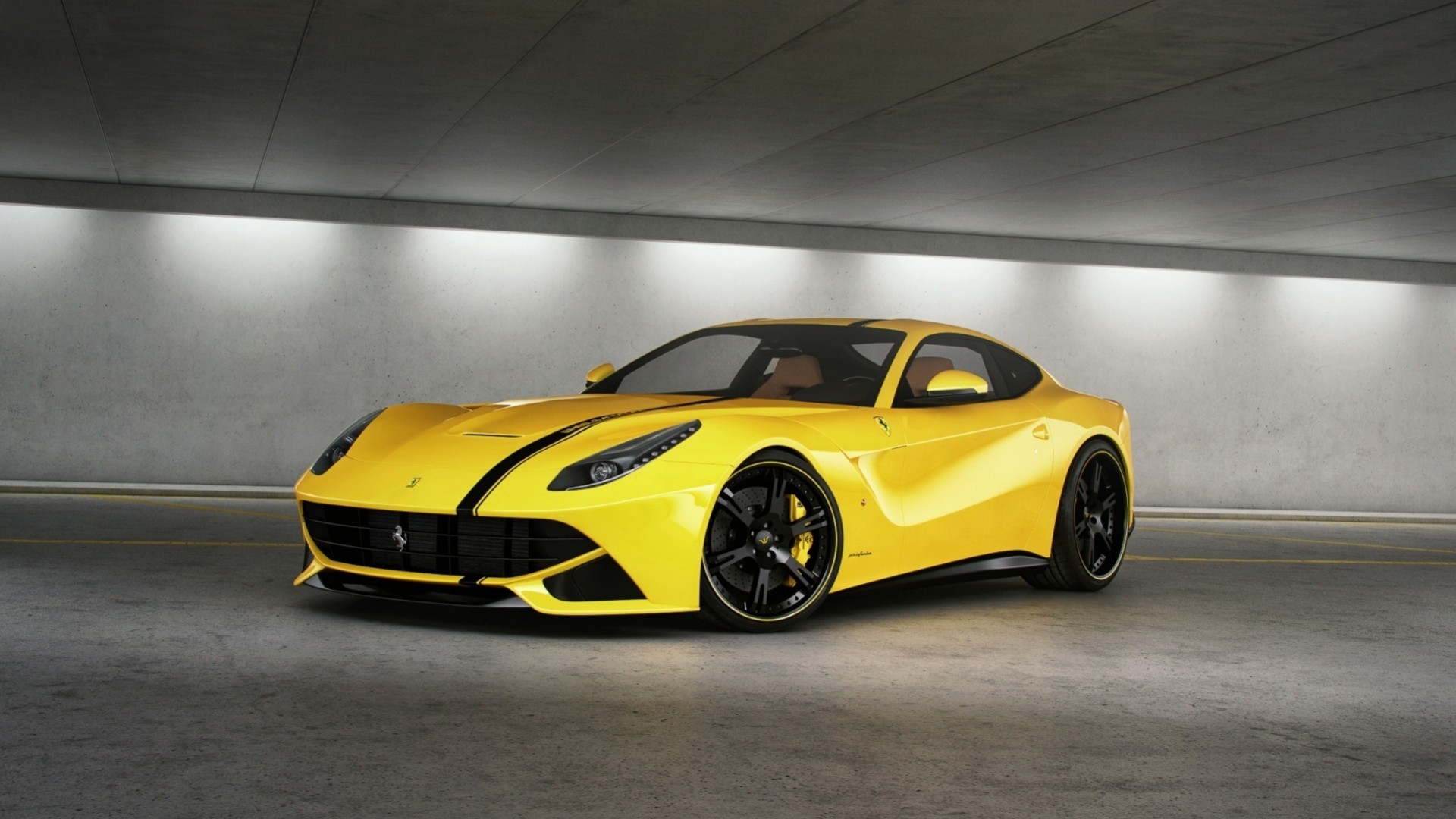 Yellow with black stripe Ferrari F12 berlinetta.