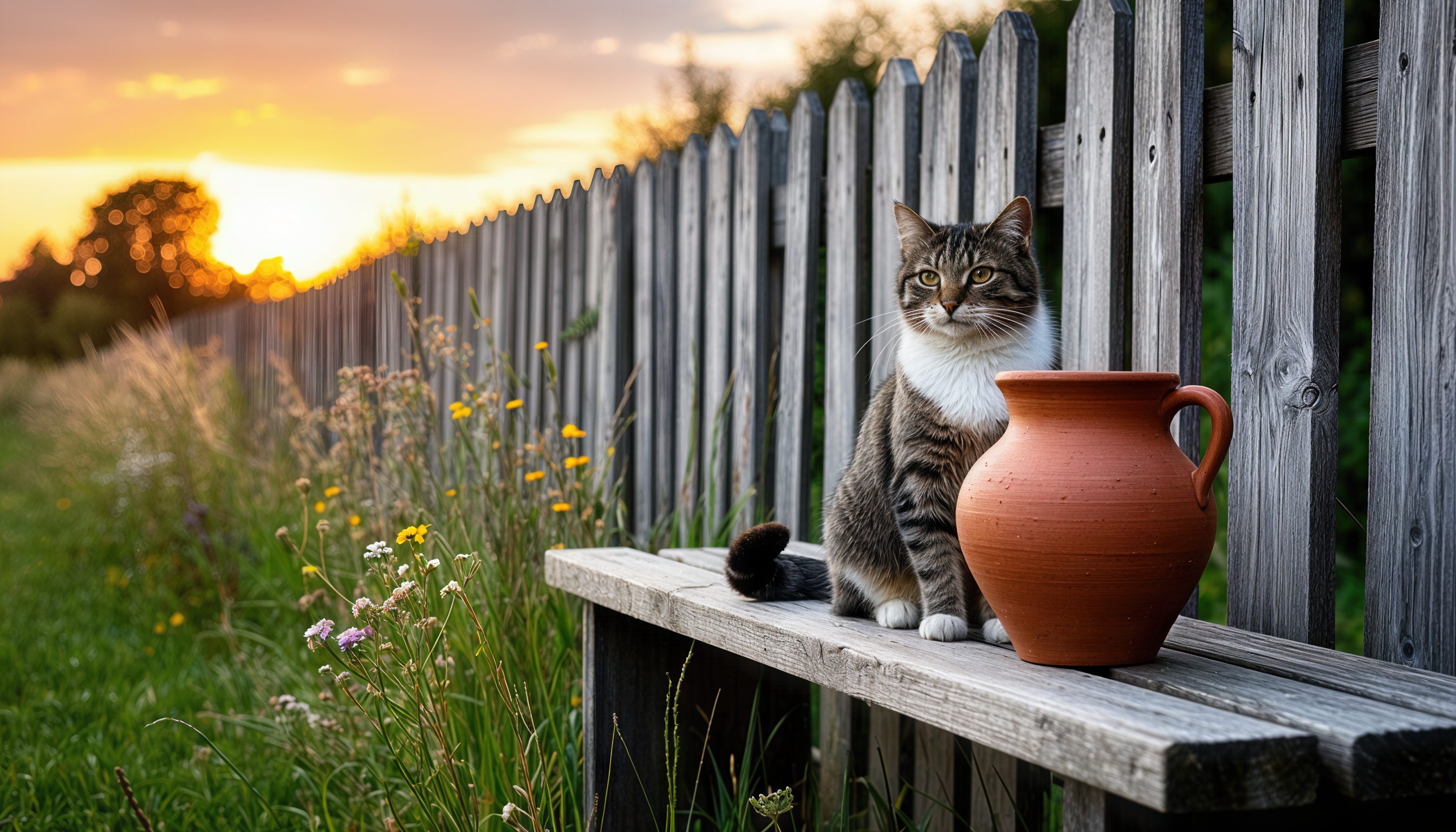 Бесплатное фото Кот сидит на скамейке у забора, рядом глиняный кувшин, закат окрасил небо.