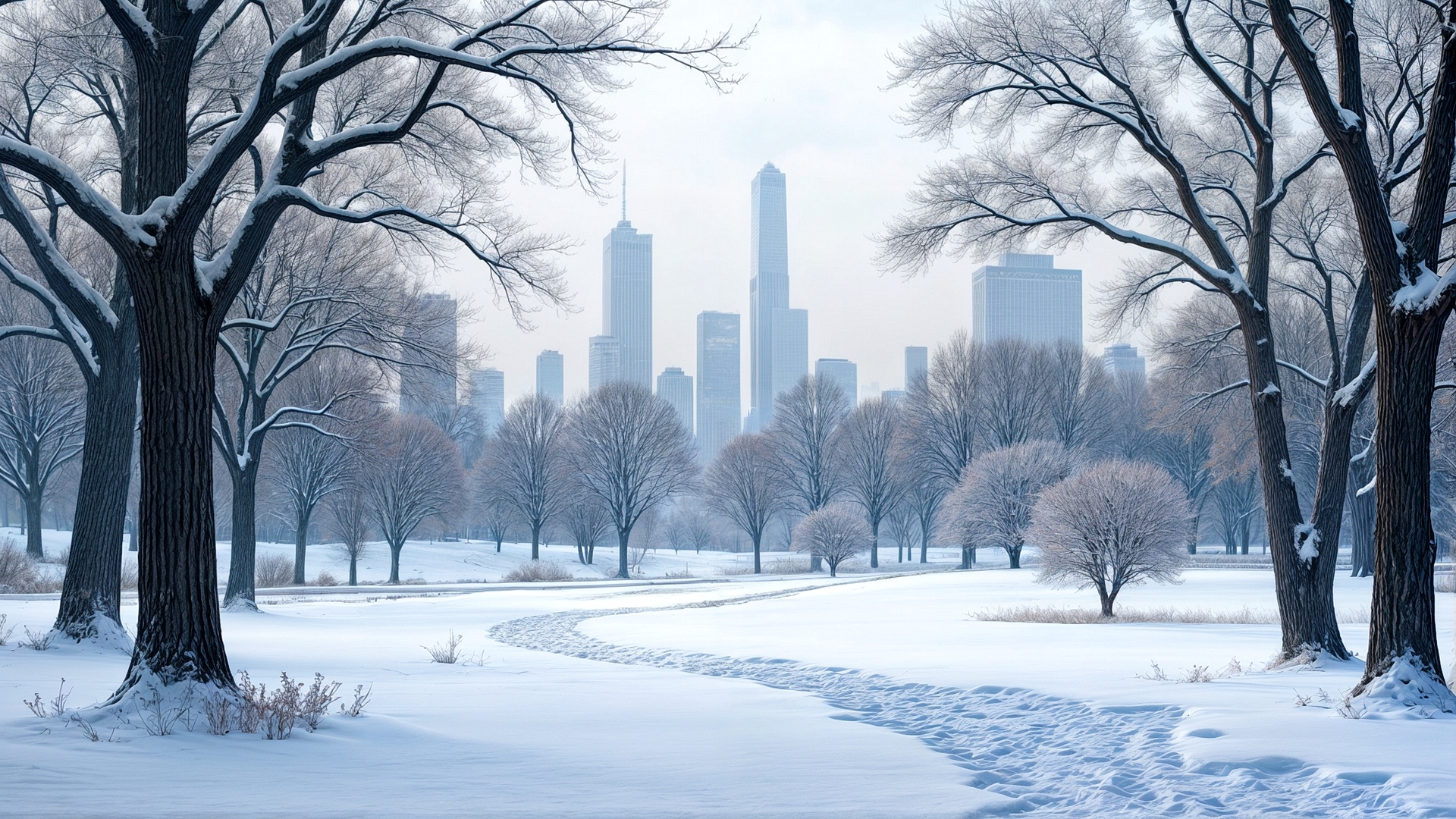 Утро в городском парке зимой