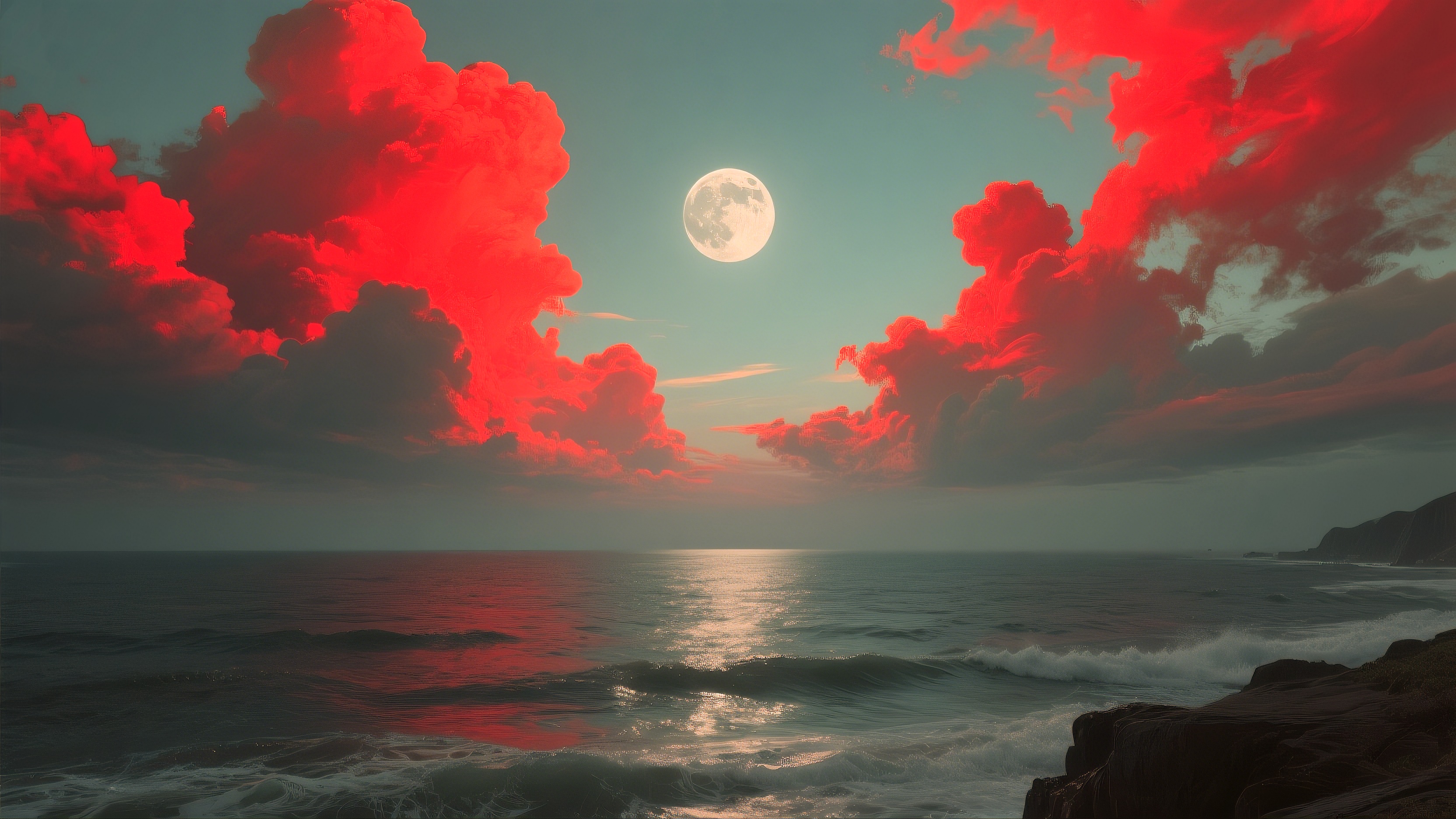 Большой водоем под ярко-красным облачным небом