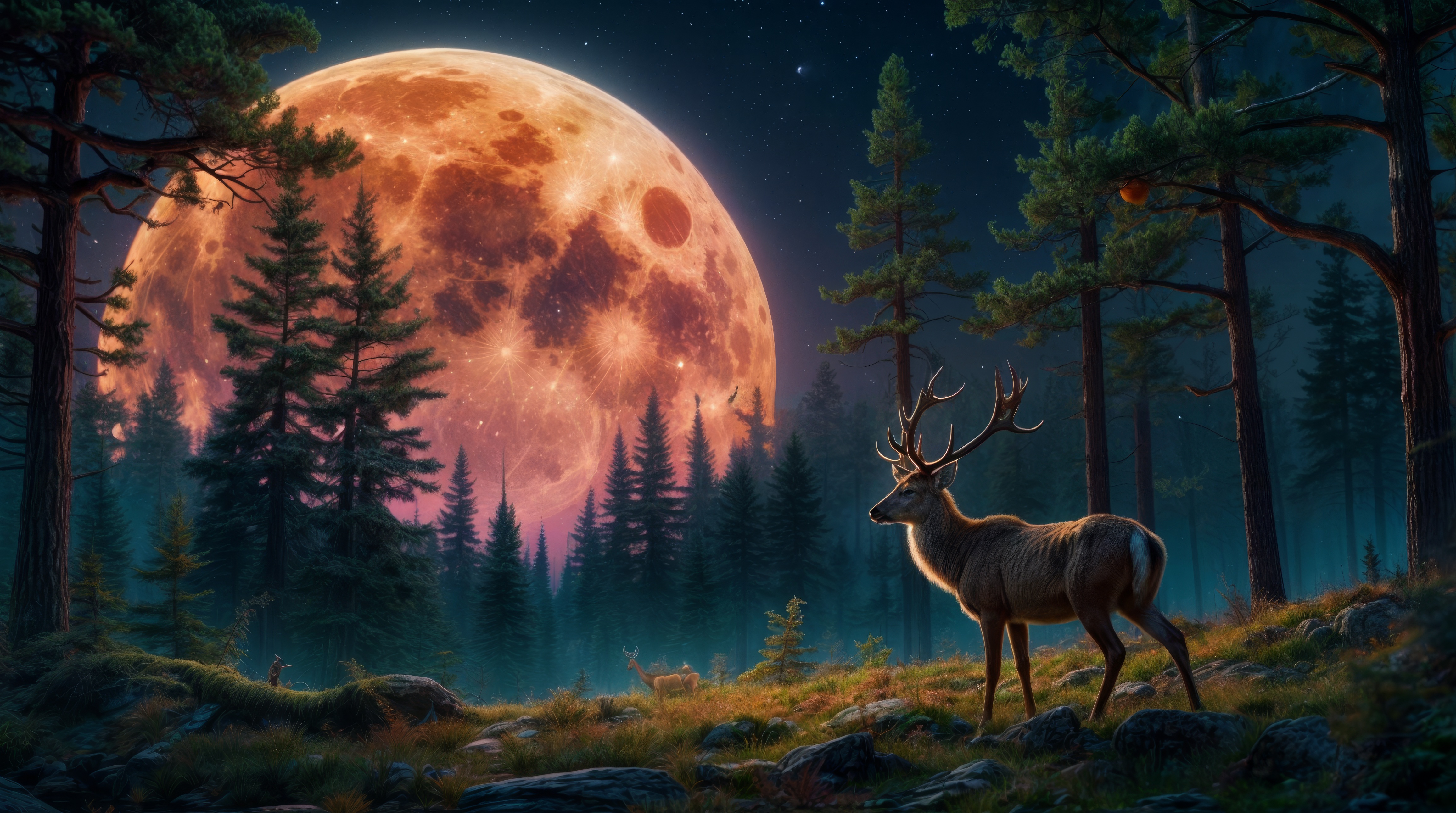 Бесплатное фото Крупный олень стоит на холме под ночным небом