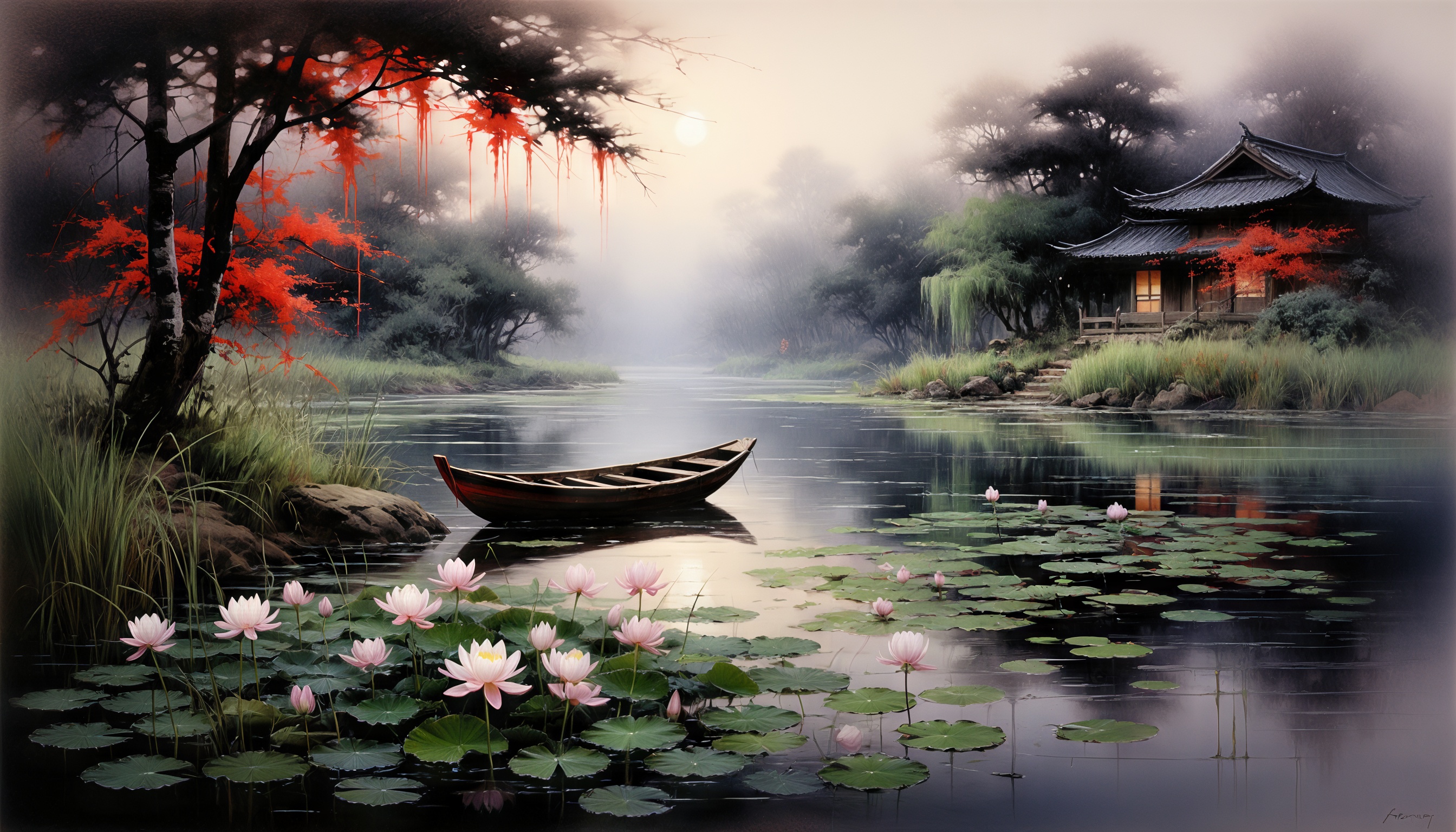 Озеро с кувшинками и деревянной лодкой на фоне традиционного японского дома с красными деревьями и туманным небом.