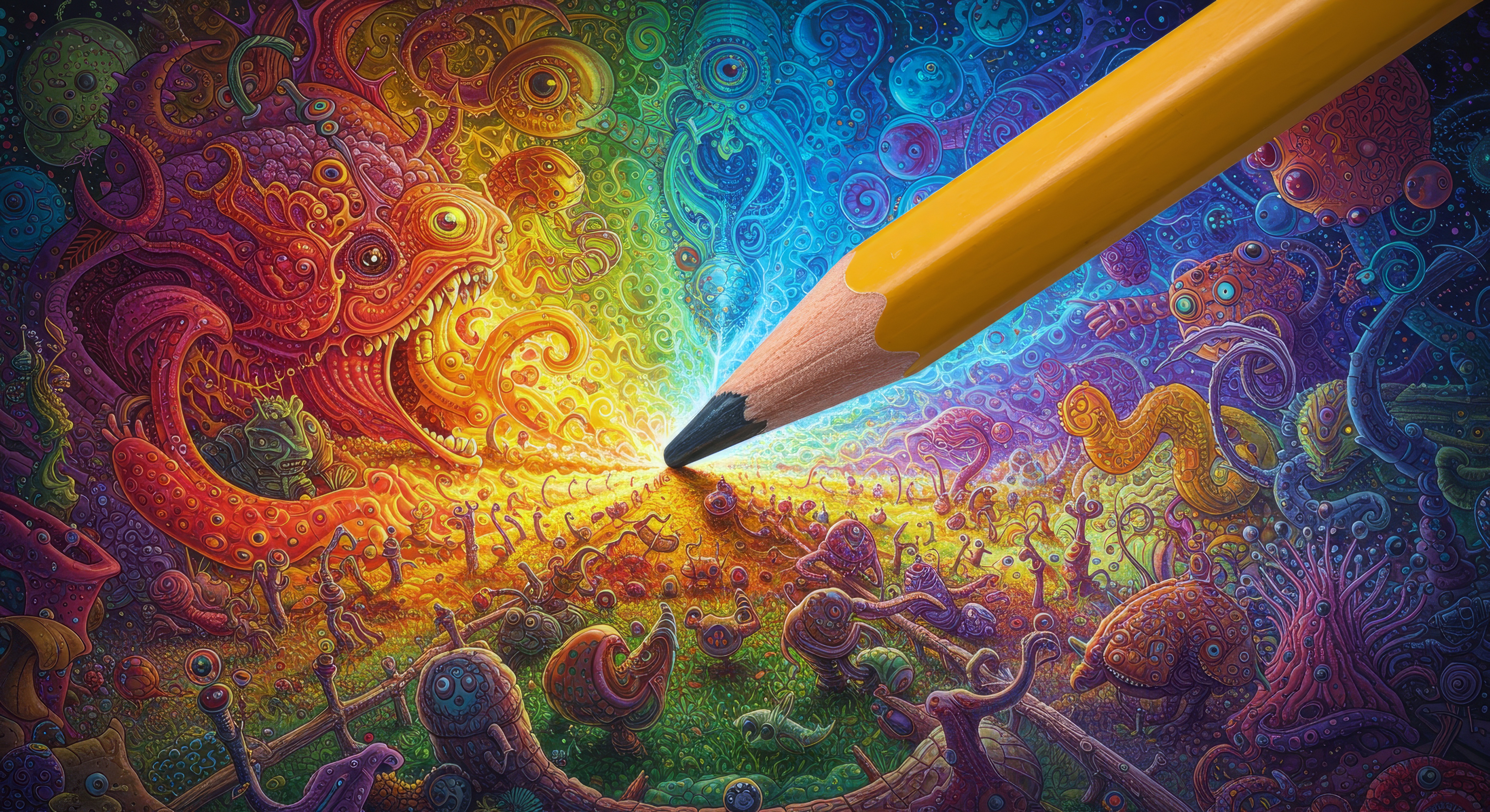 A pencil drawing the rainbow through the middle of a drawing