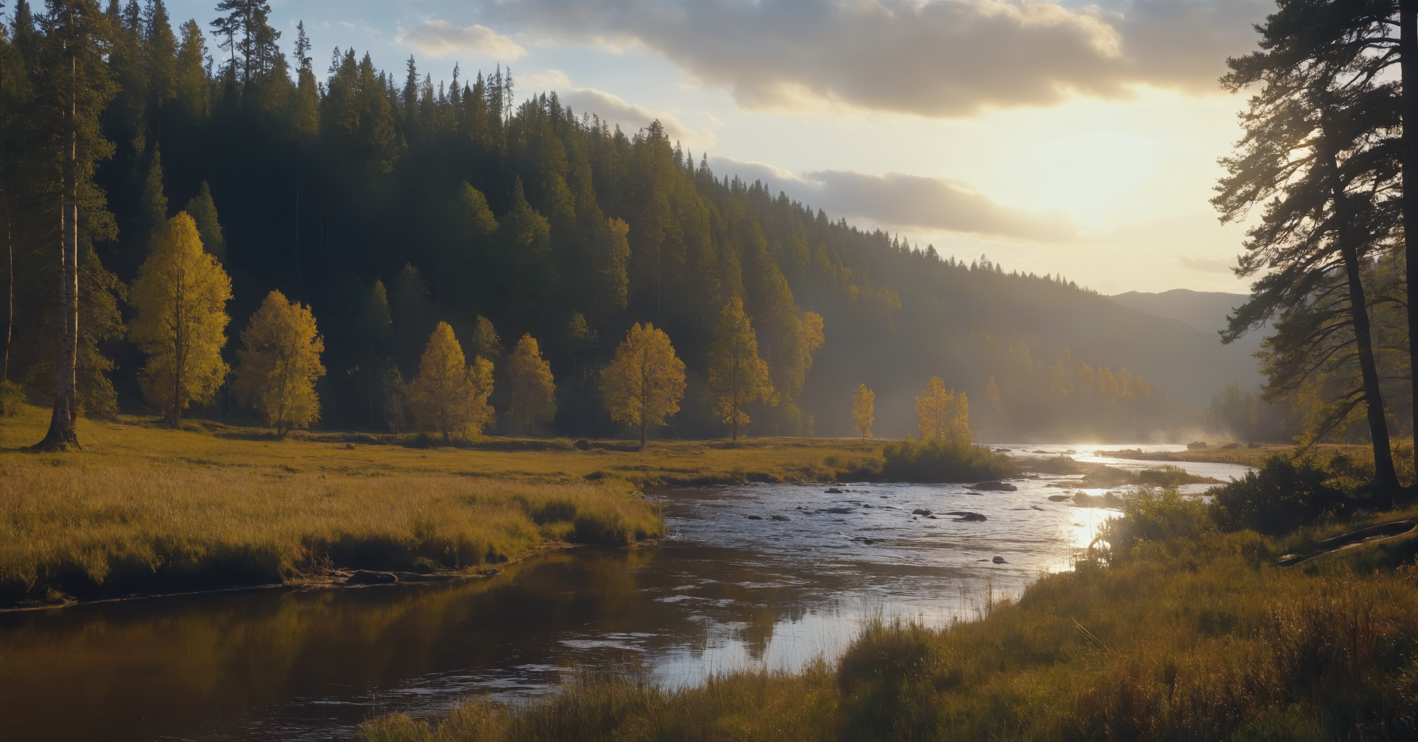 Бесплатное фото Рядом с высокими деревьями и травянистой землей протекает ручей.