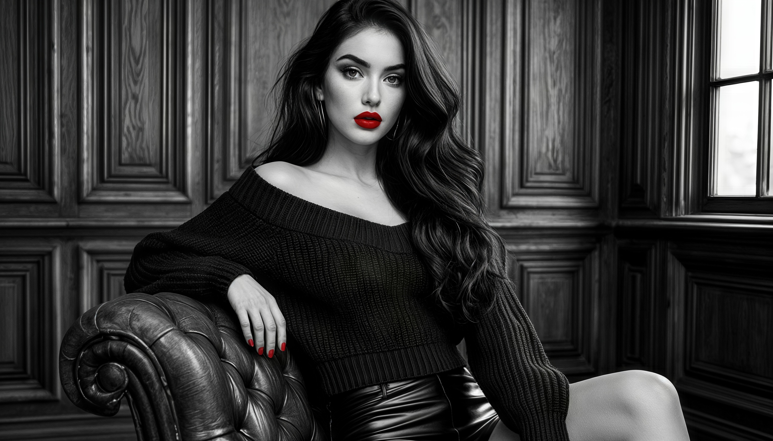 Бесплатное фото Женщина с длинными темными волосами и ярким макияжем сидит на кожаном кресле, одетая в черный свитер и кожаные брюки.
