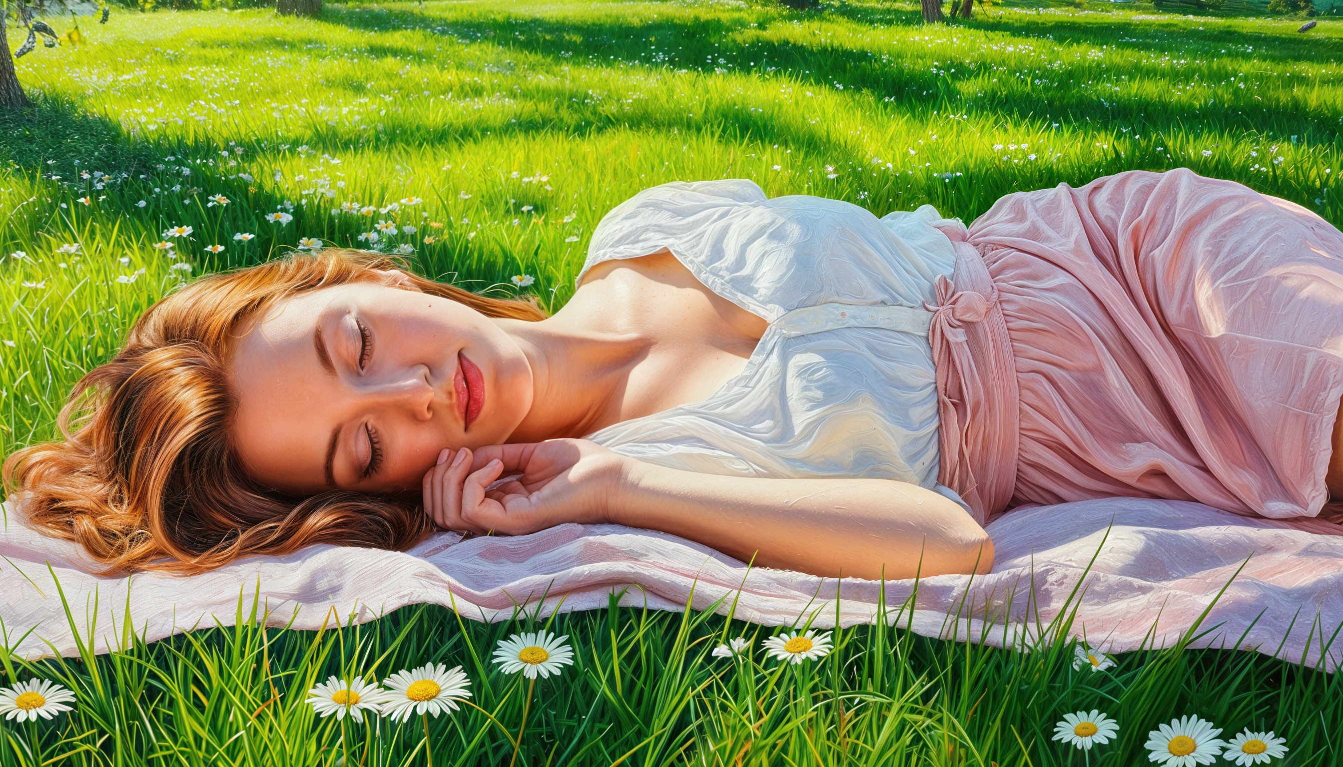 免费照片一个浅棕色头发的女孩躺在雏菊草地上。