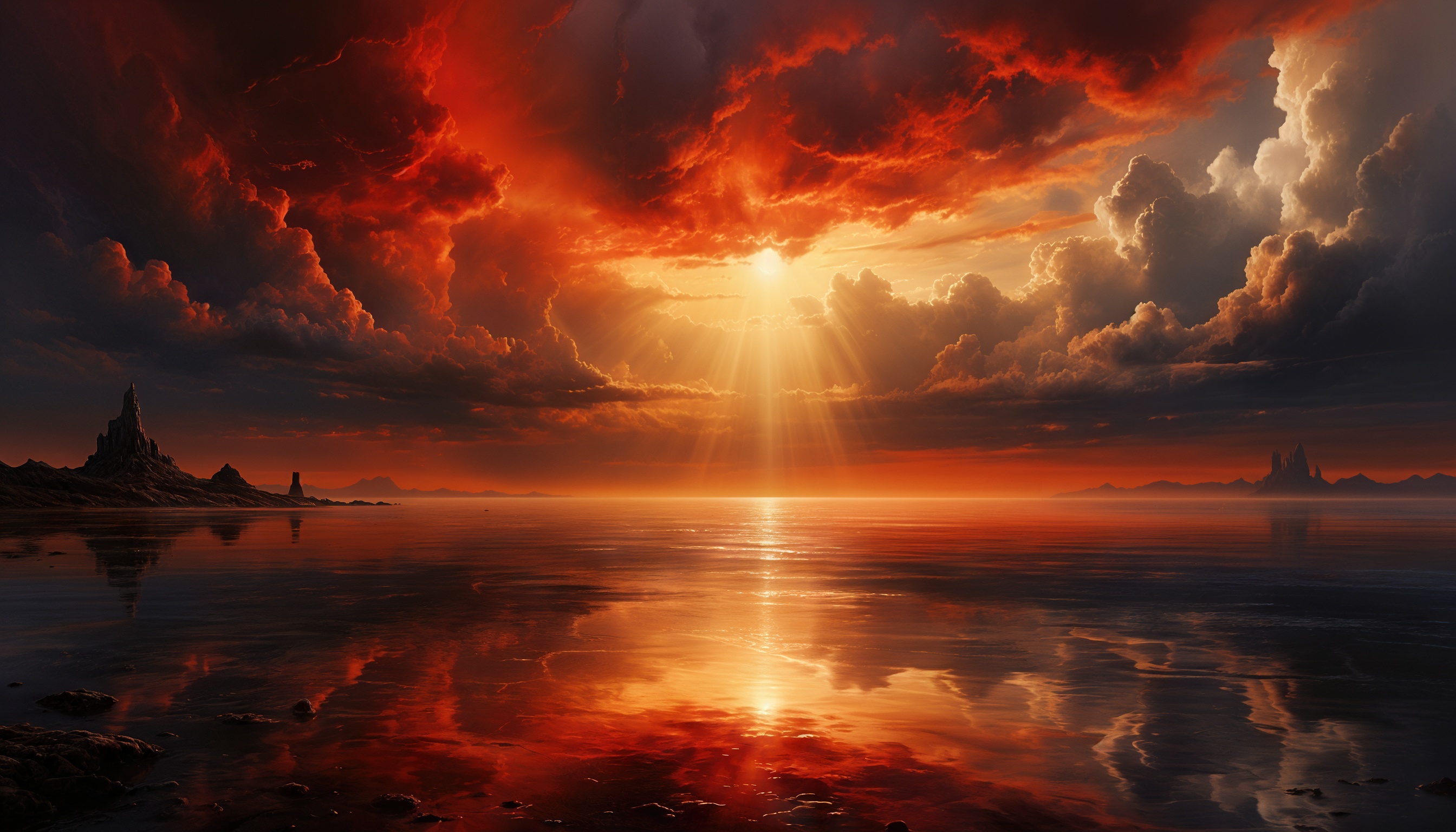 免费照片火热的天空反映在平静的海面上，地平线上的山脉剪影。