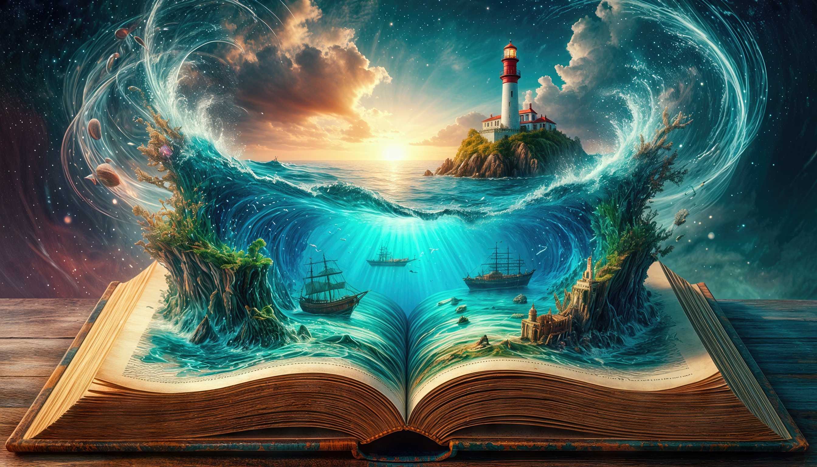 Открытая книга, из которой исходит волшебный мир с морем, маяком на острове, кораблями и подводными существами.