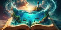 Открытая книга, из которой исходит волшебный мир с морем, маяком на острове, кораблями и подводными существами.
