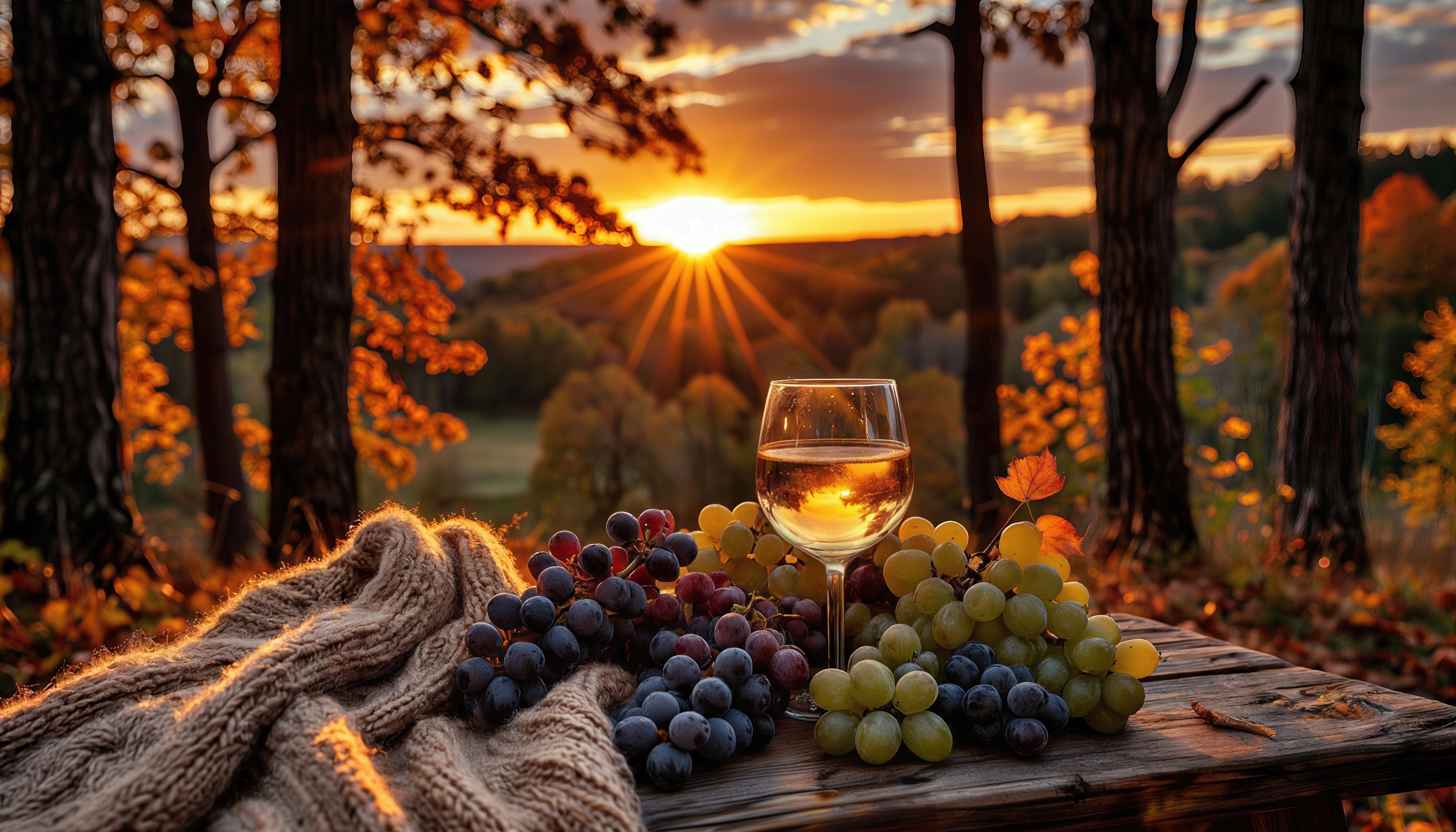 Бесплатное фото Бокал вина и виноград на фоне осеннего заката в лесу.